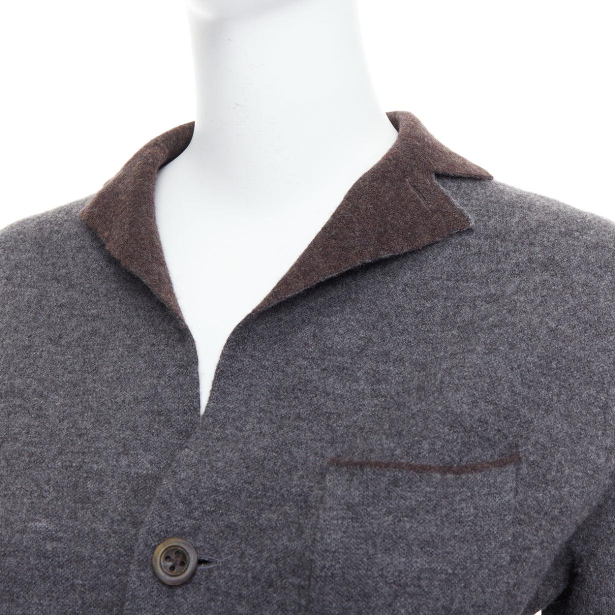 45R grey brown double faced wool pocketed cropped blazer US2 S
Reference: AEHI/A00003
Brand: 45R
Material: Wool
Color: Grey, Brown
Pattern: Solid
Closure: Button
Lining: Brown Wool
Extra Details: Double faced wool.
Made in: