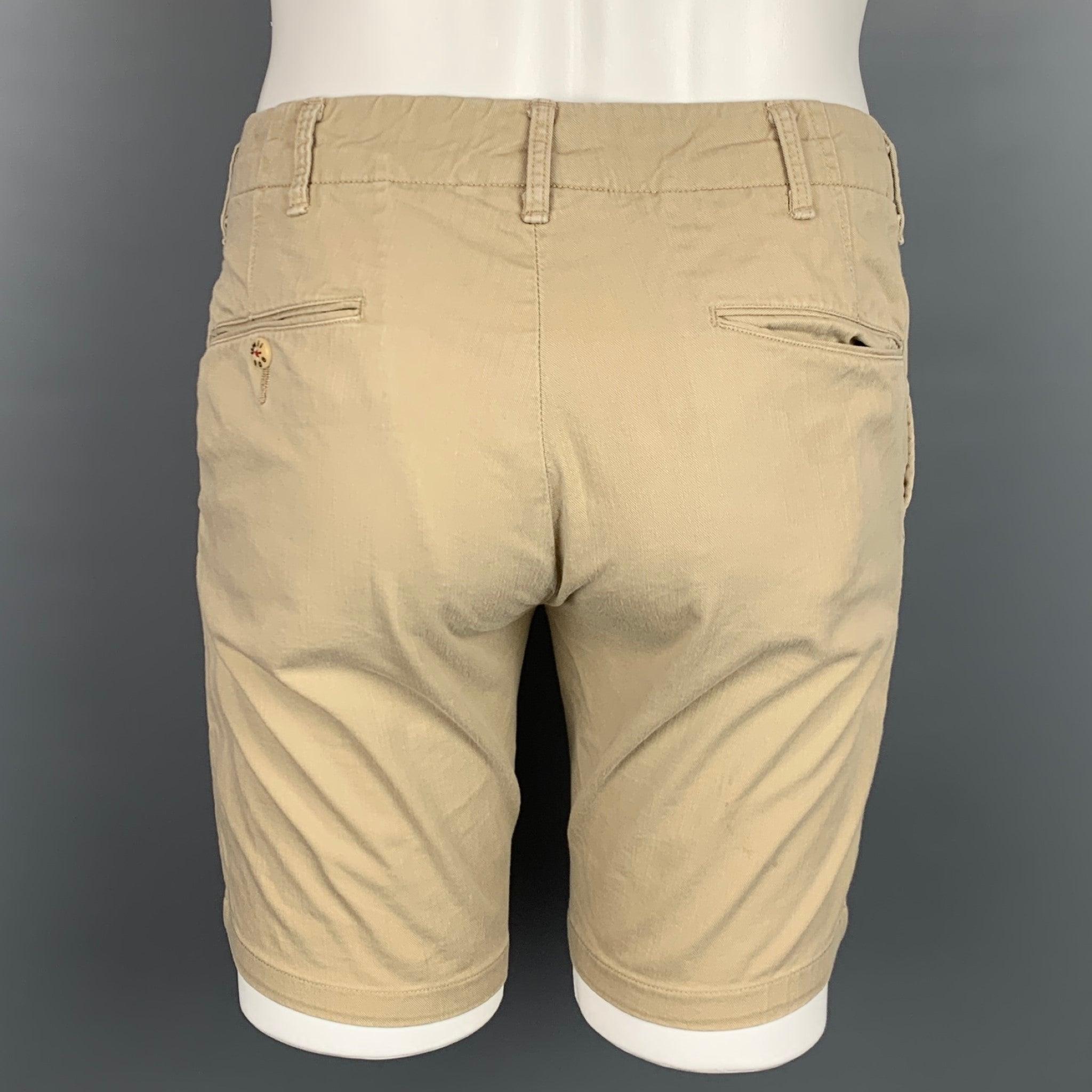 45RPM shorts comes in a khaki cotton featuring a narrow leg, slit pockets, and a zip fly closure. Fabric made in Japan.Good
 Pre-Owned Condition. 
 

 Marked:  30 
 

 Measurements: 
  Waist: 30 inches Rise: 9 inches Inseam: 8 inches 
  
  
  
 Sui