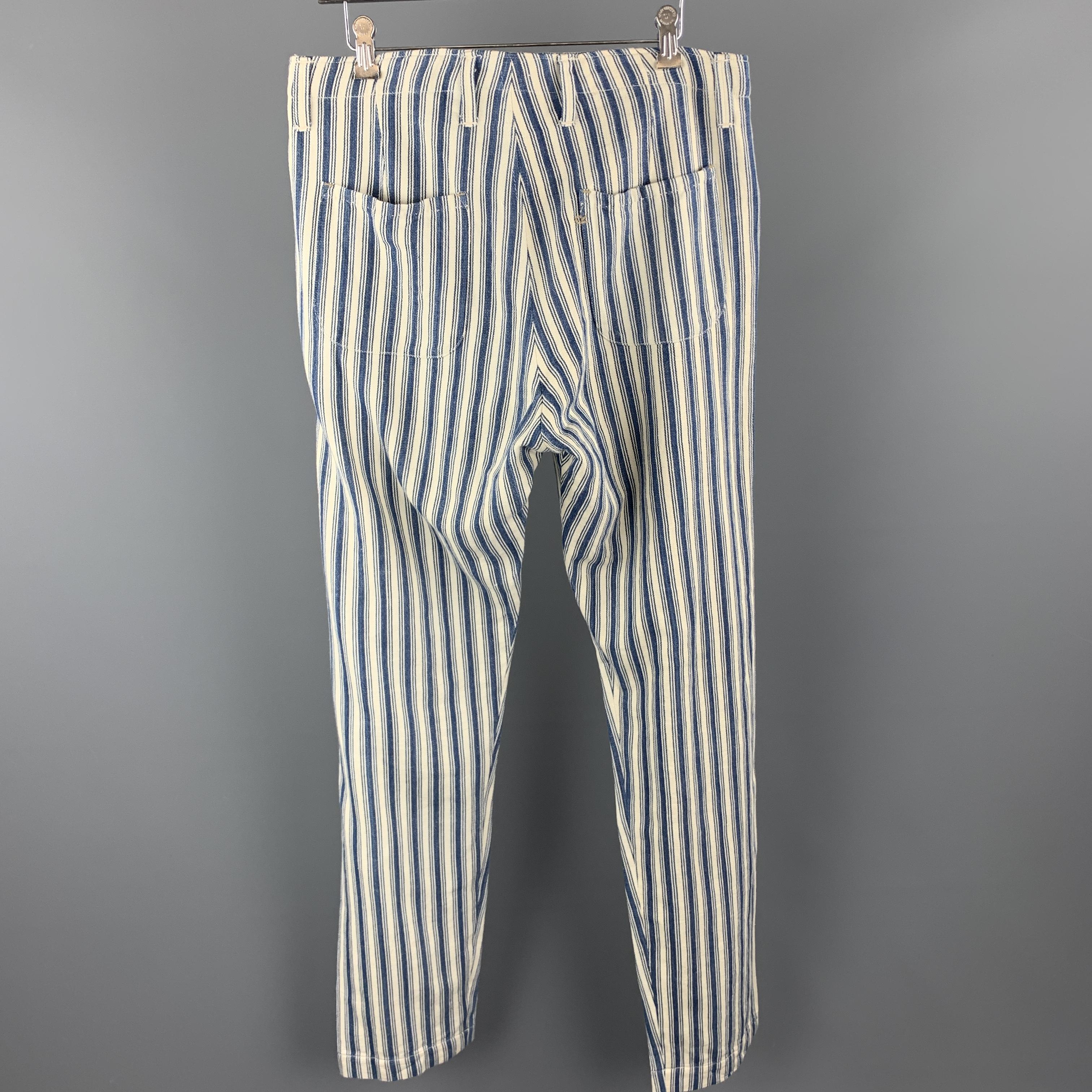 Gray 45rpm Size 32 Blue & White Stripe Cotton Button Fly Straight Leg Pants