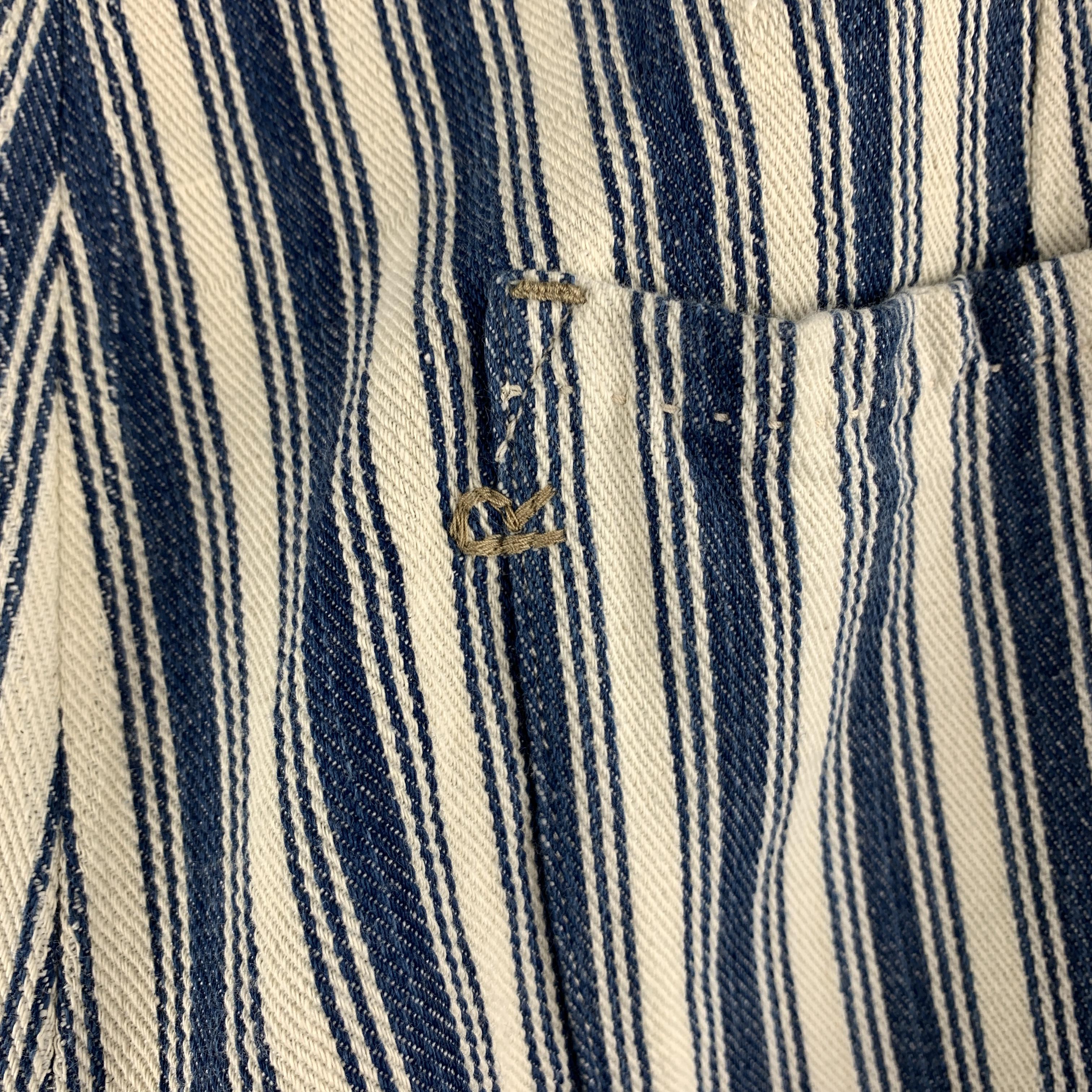45rpm Size 32 Blue & White Stripe Cotton Button Fly Straight Leg Pants In New Condition In San Francisco, CA