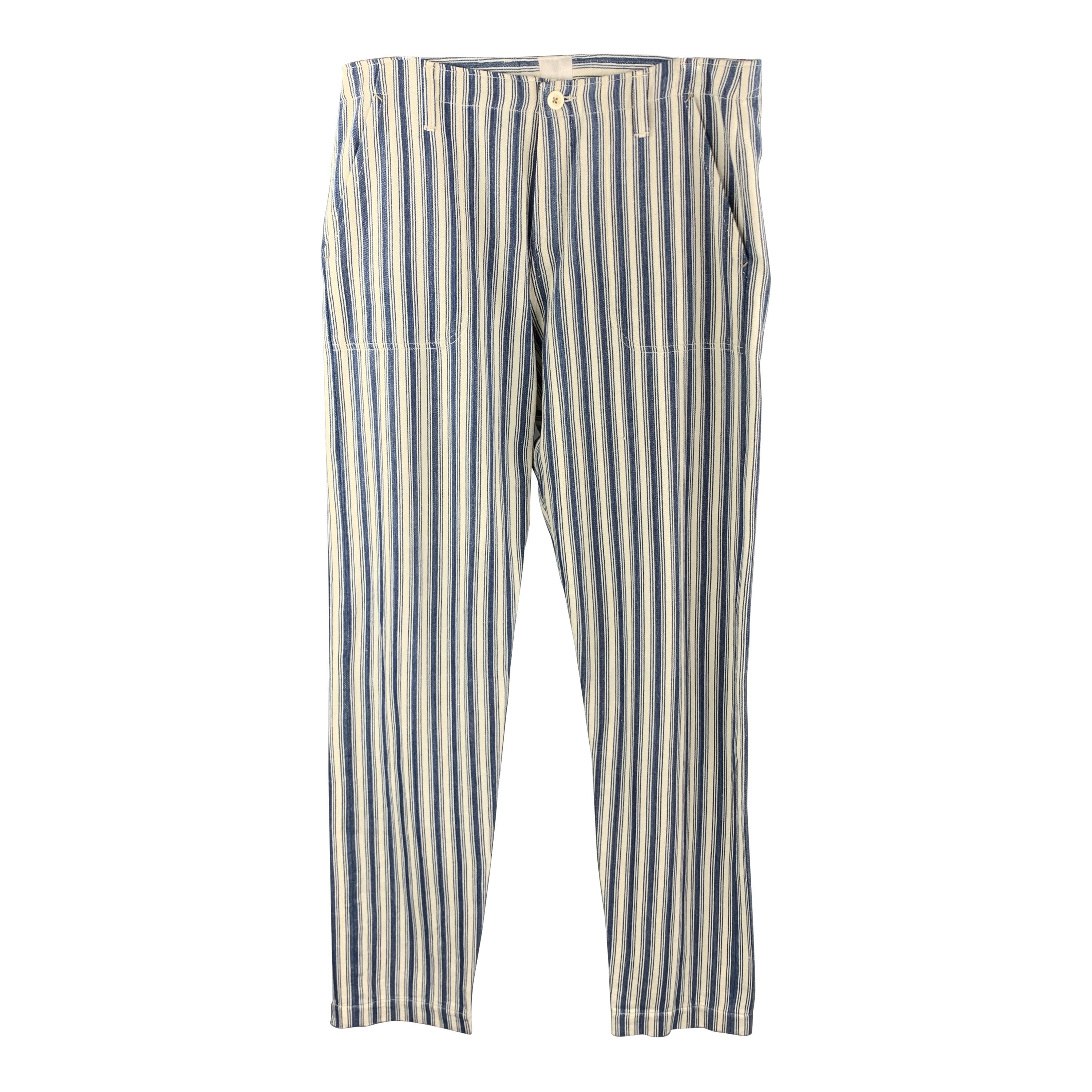45rpm Size 32 Blue & White Stripe Cotton Button Fly Straight Leg Pants