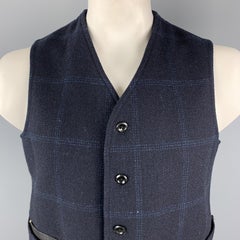 45rpm Size L Navy Plaid FOX BROTHERS Wool Leather Pocket Vest
