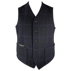 45rpm Size L Navy Plaid FOX BROTHERS Wool Leather Pocket Vest