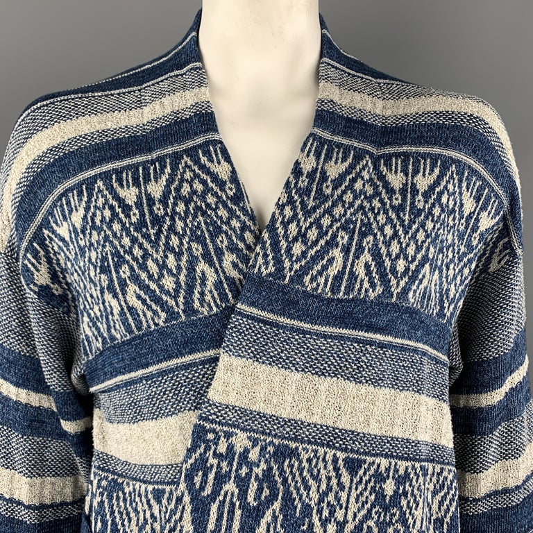 45rpm Size Xl Blue Light Gray Stiped Pattern Cotton Blend Knit Wrap Cardigan