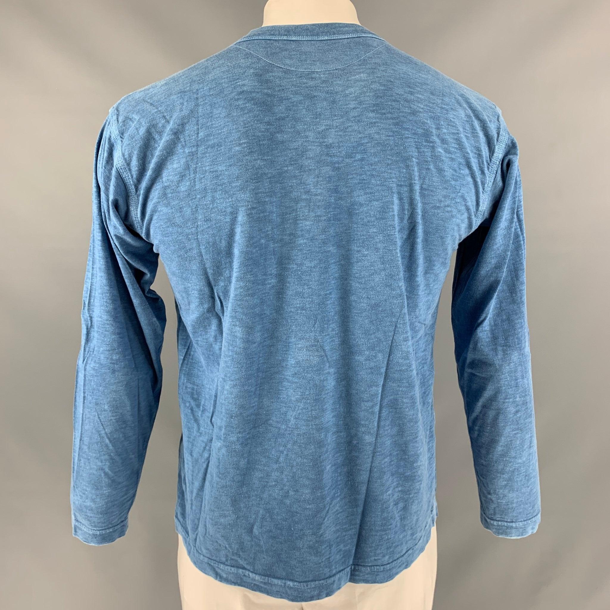 45rpm Size XL Blue Solid Cotton Henley Pullover In Excellent Condition In San Francisco, CA