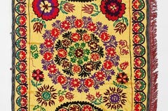 4.5x10 Ft Silk Hand Embroidery Wall Hanging, Suzani Tablecloth, Yellow Tapestry