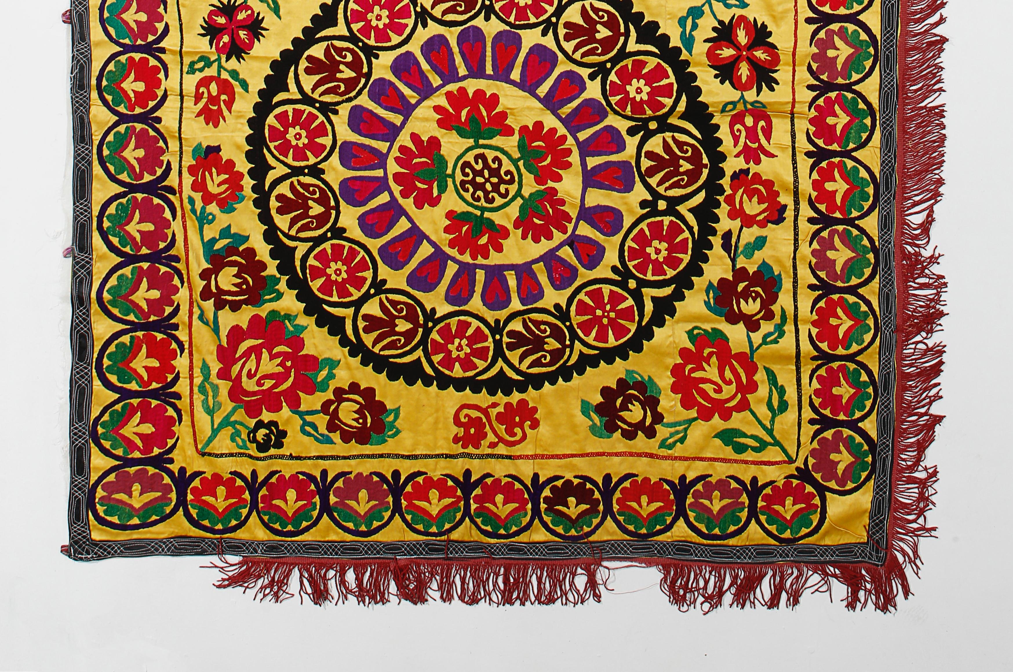Uzbek 4.5x10 Ft Silk Hand Embroidery Wall Hanging, Suzani Tablecloth, Yellow Tapestry For Sale