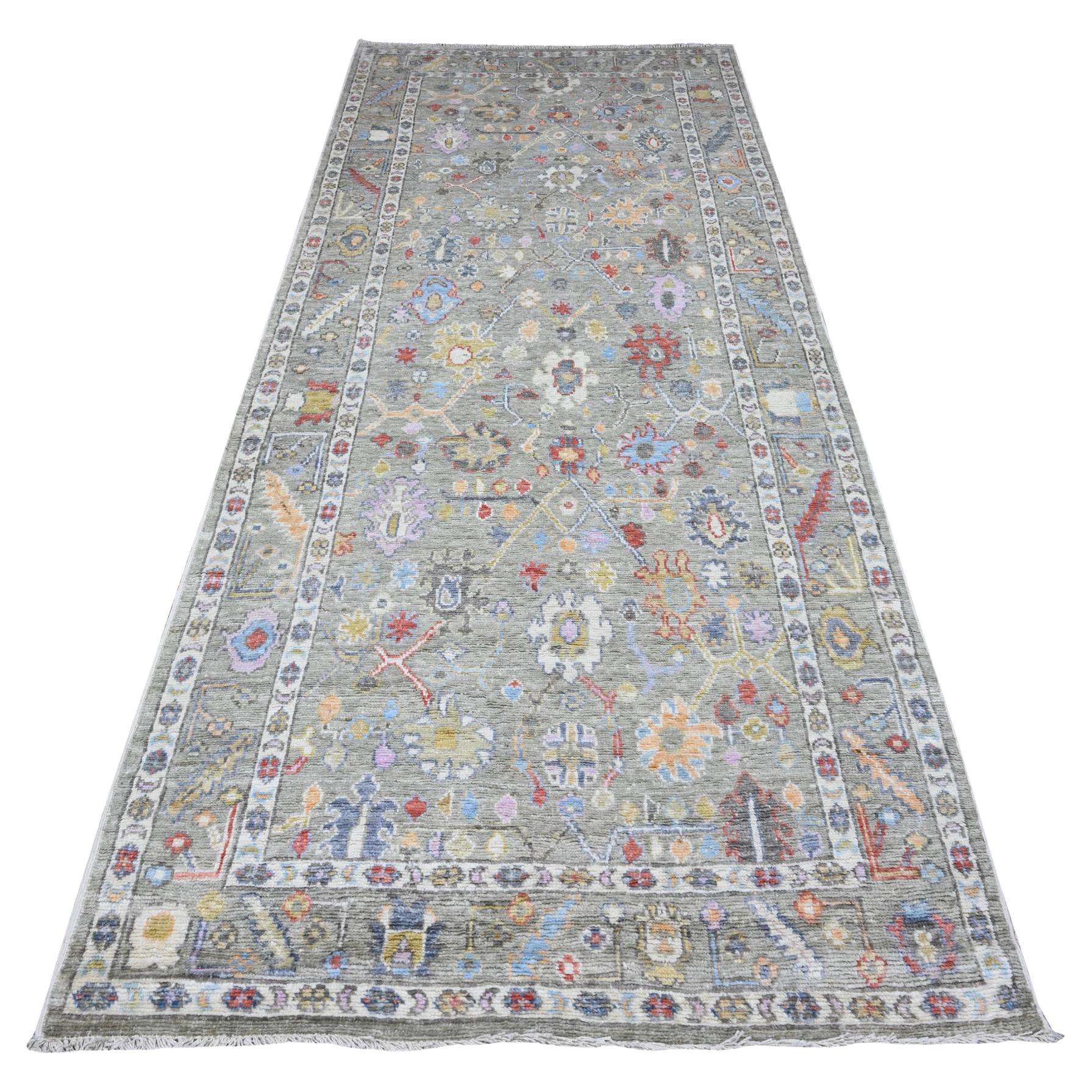4'5"x10' Swamp Green Soft Wool Weft Angora Oushak Wide Runner Oriental Rug