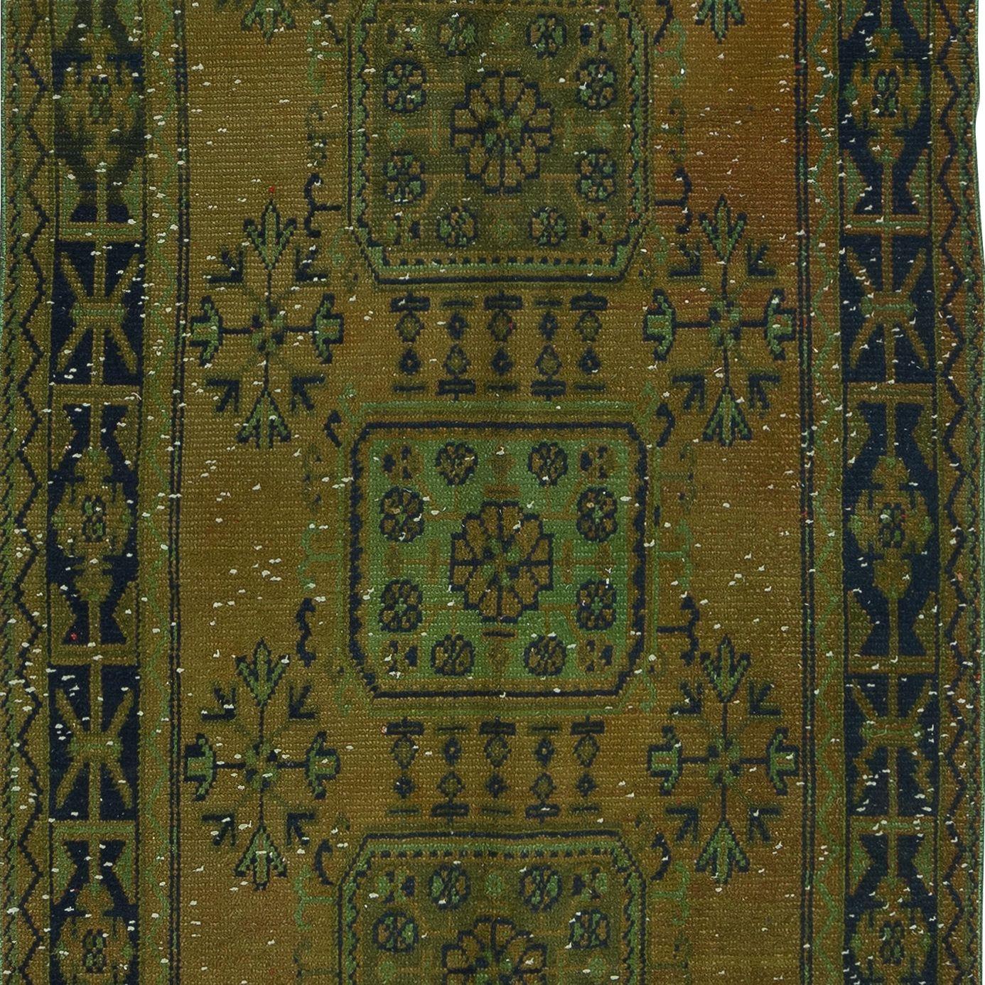 Hand-Knotted 4.5x11.2 Ft Handmade Anatolian Runner Rug for Hallway, Green Corridor Carpet For Sale