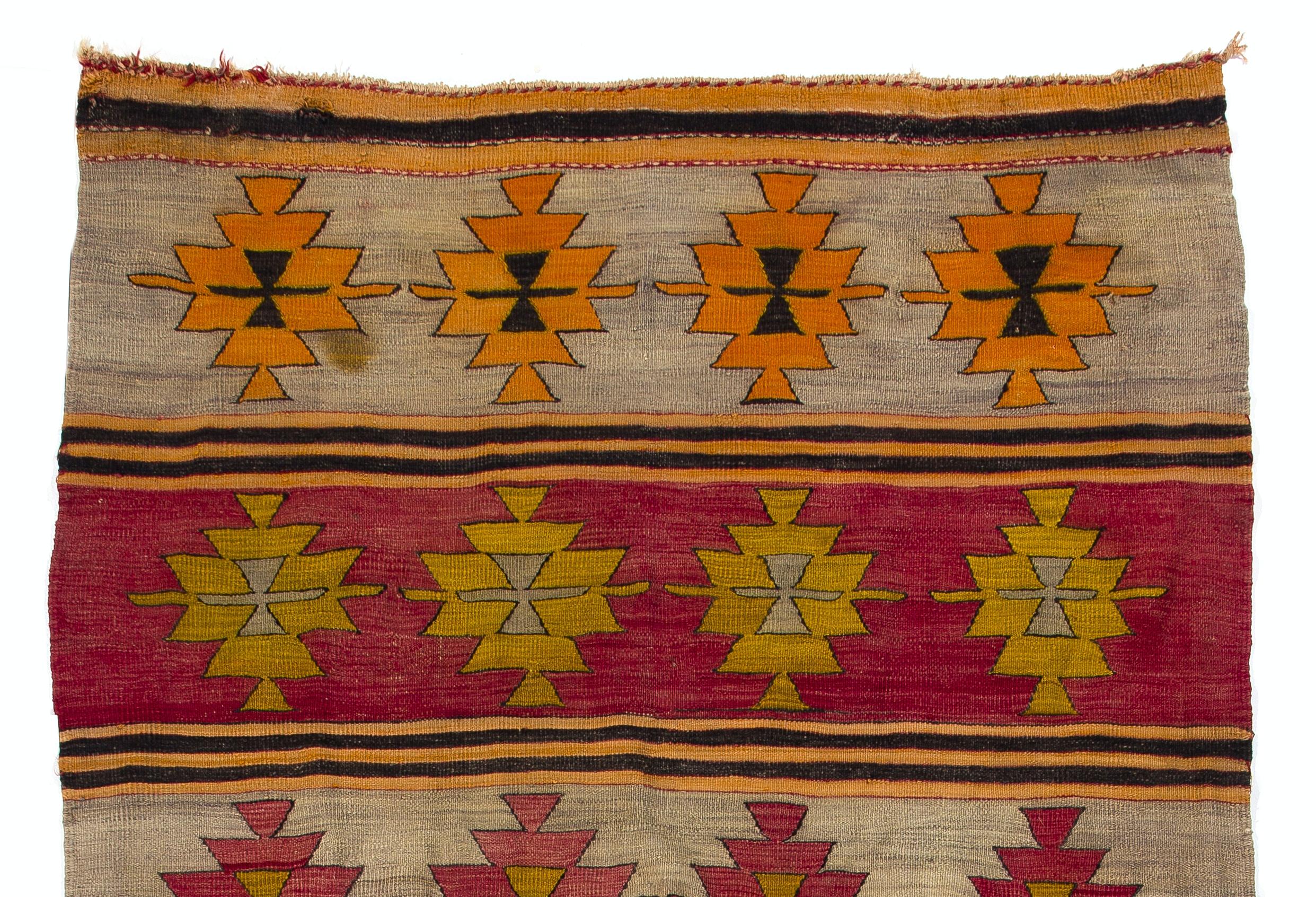 Turkish 4.5x11.6 Mid-Century Anatolian Kilim Rug, Flat-Weave Floor Covering, 100% Wool For Sale