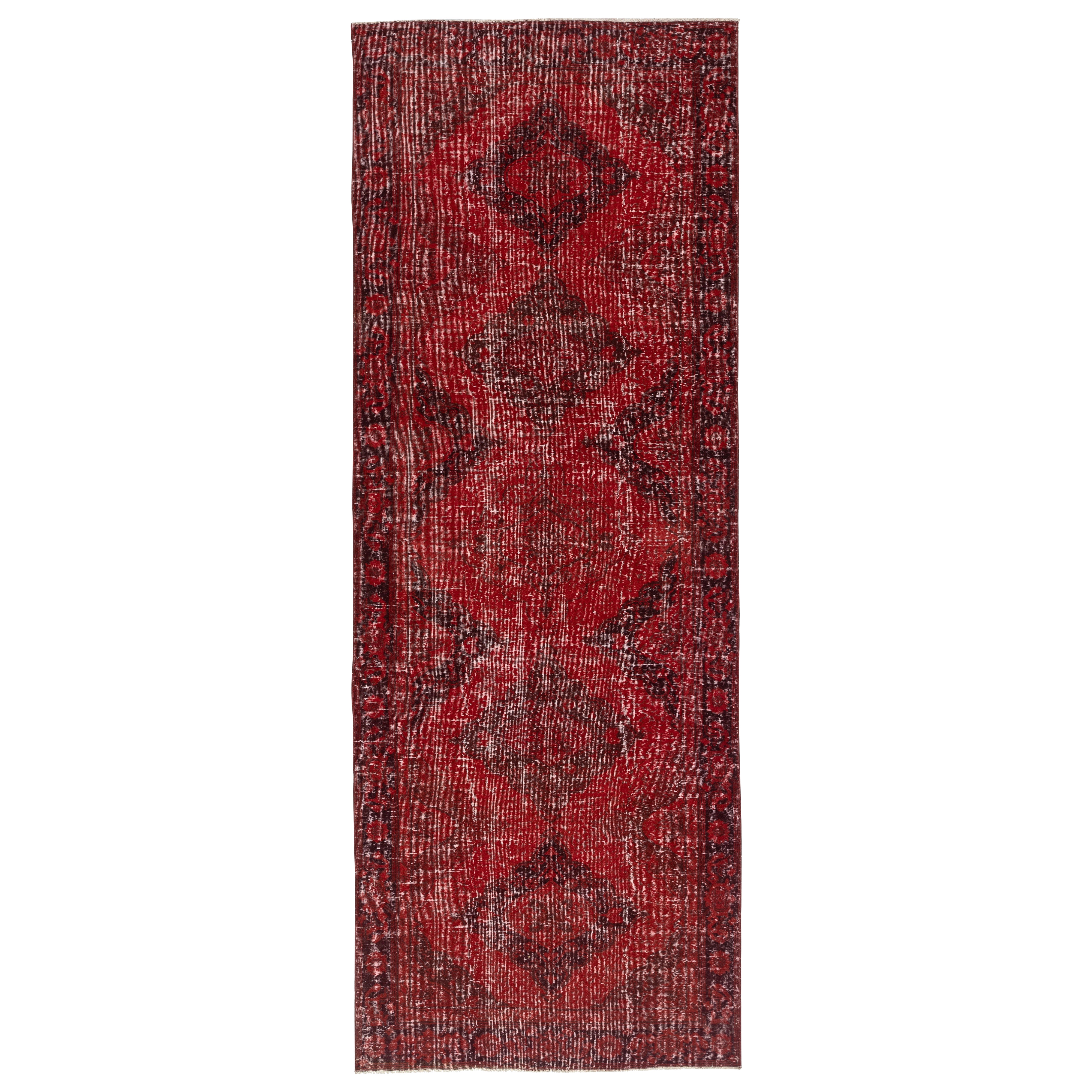 4.5x11.7 Ft Rot Läufer Teppich für Flur. Vintage Corridor Rug. Handgefertigter Treppenteppich