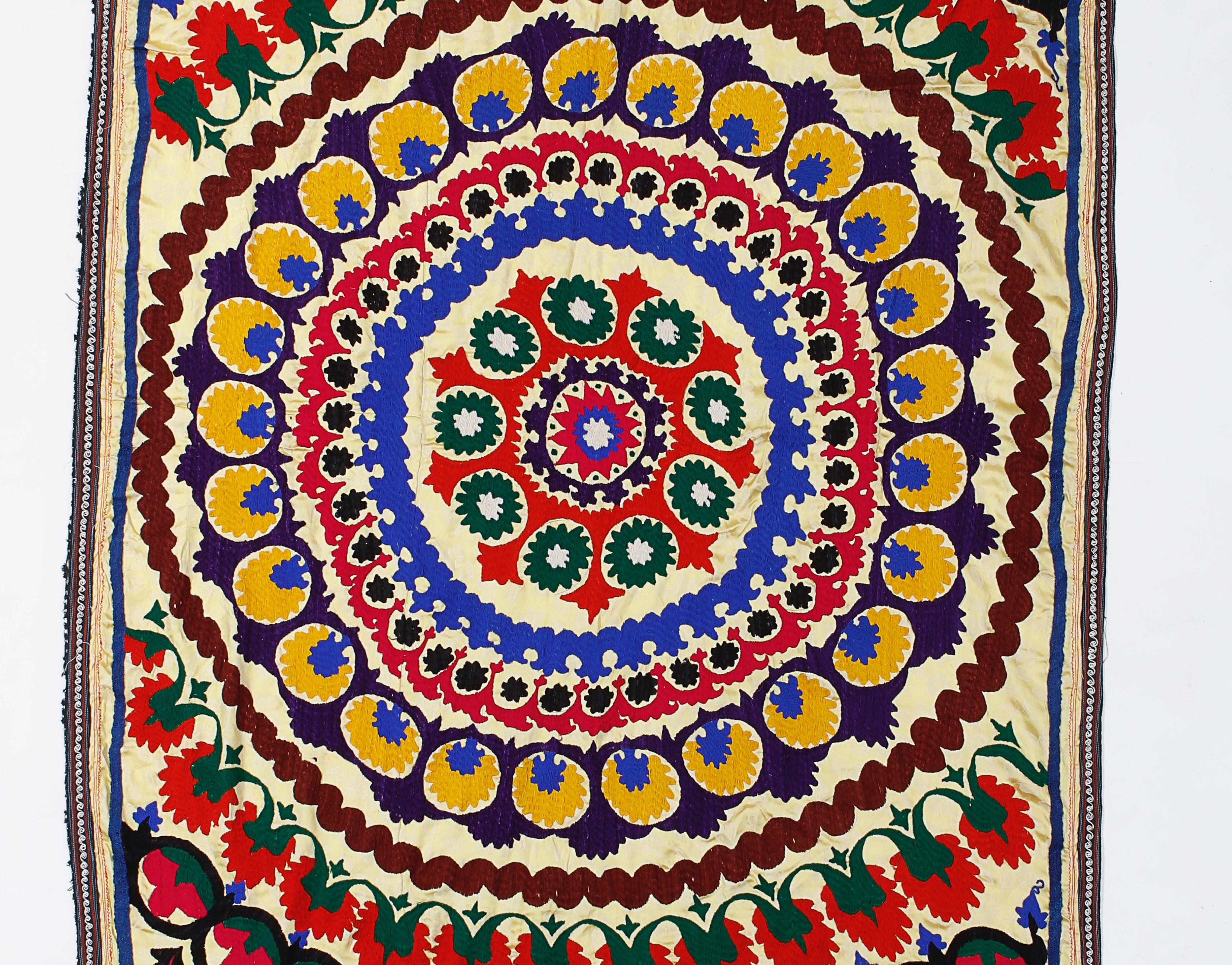 Hand-Woven 4.5x12 Ft Colorful Vintage Silk Embroidery Wall Hanging, Uzbek Suzani Tablecloth For Sale