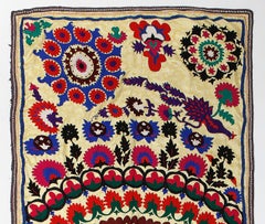 4.5x12 Ft Colorful Vintage Silk Embroidery Wall Hanging, Uzbek Suzani Tablecloth