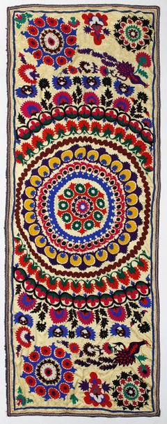 4.5x12 Ft Colorful Vintage Silk Embroidery Wall Hanging, Uzbek Suzani Tablecloth