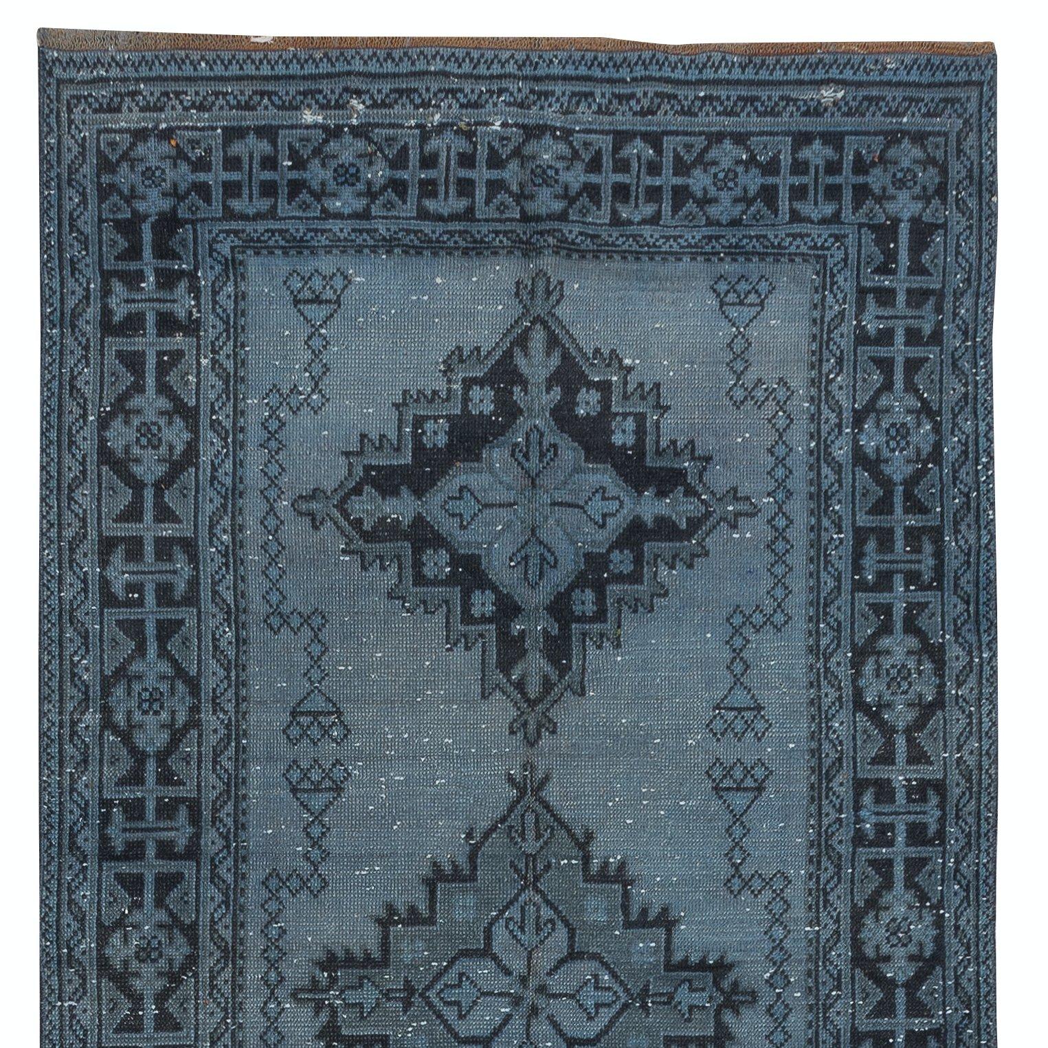 Hand-Woven 4.5x12.7 Ft Runner Rug Kitchen, Faded Blue Handmade Turkish Hallway Carpet For Sale