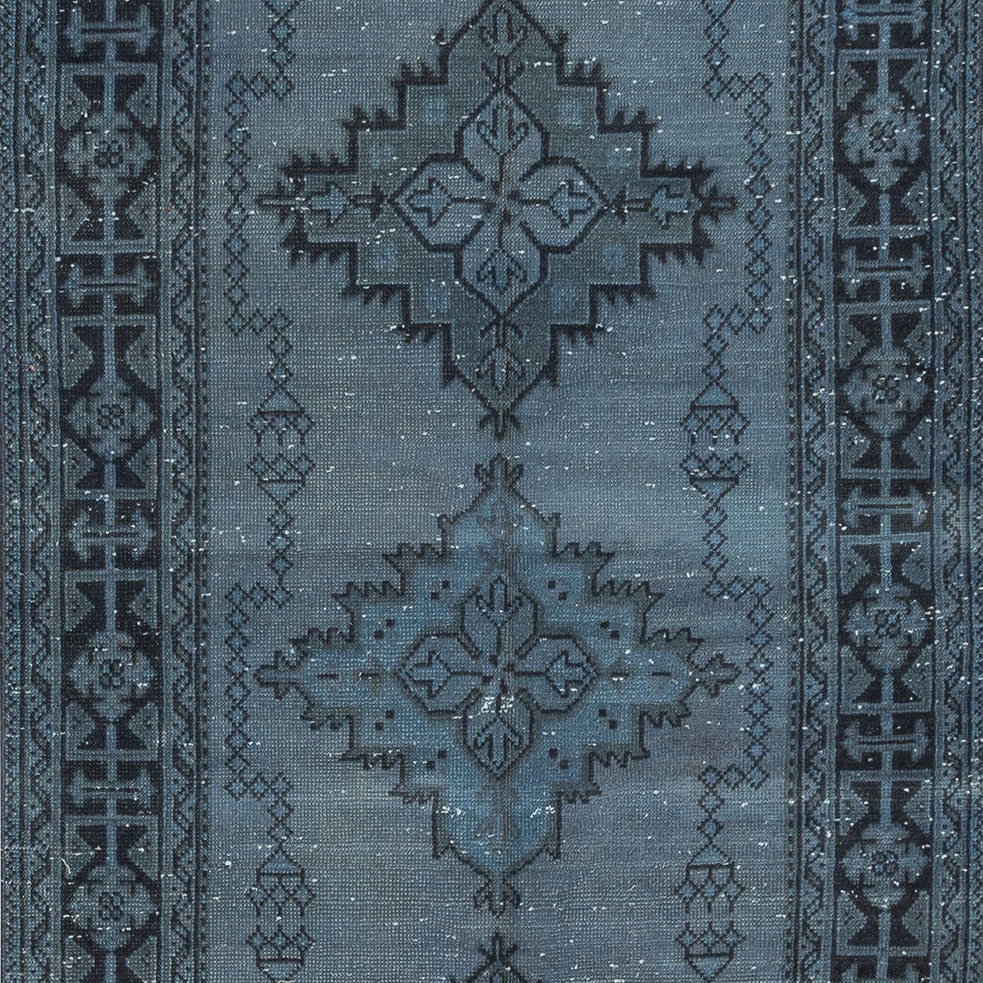 4.5x12.7 Ft Runner Rug Kitchen, Faded Blue Handmade Turkish Hallway Carpet In Good Condition For Sale In Philadelphia, PA