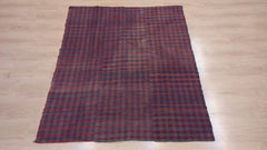 Kilim Vintage a Cuadros Rojo y Azul de 1,5 x 1,5 m, textil decorativo hecho a mano para el hogar