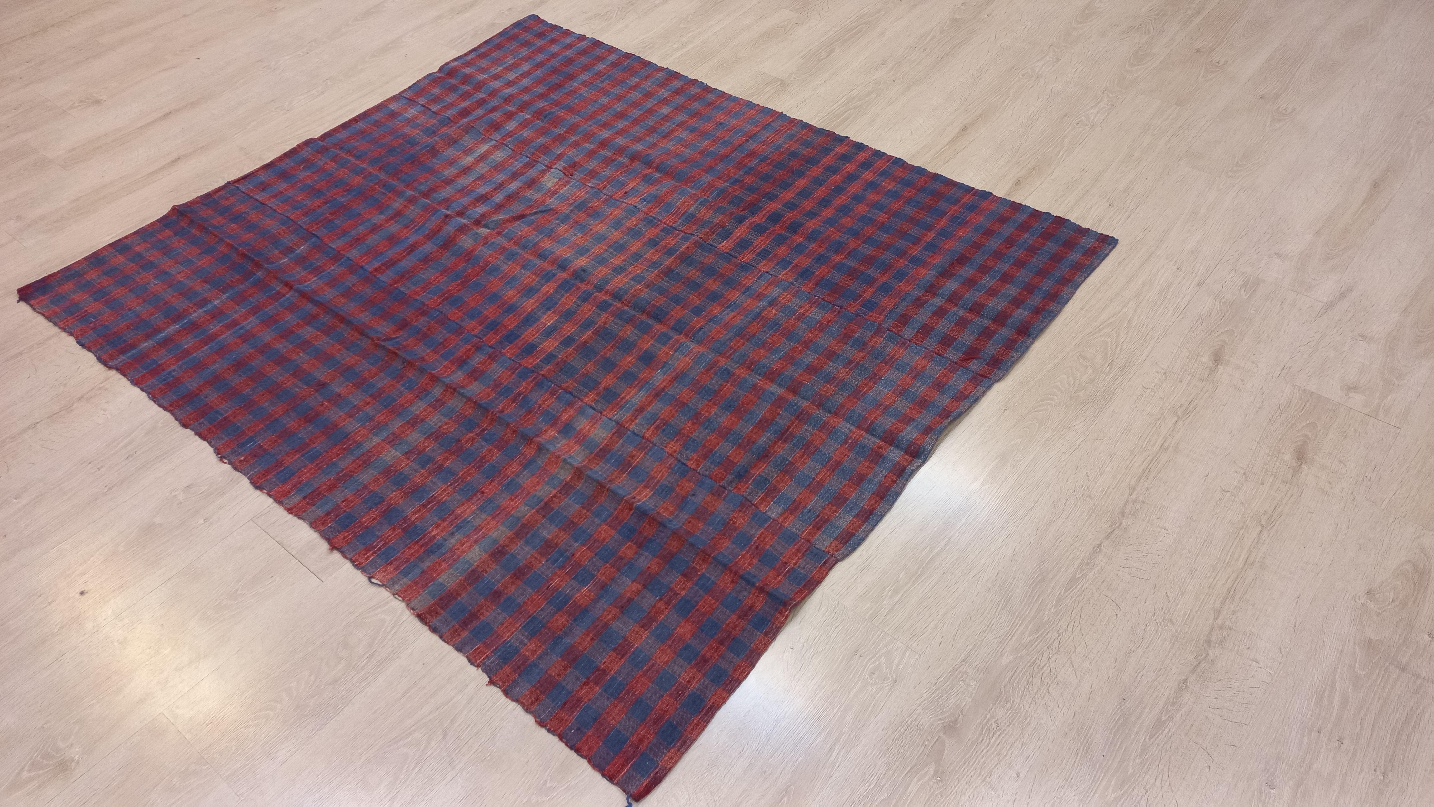 20th Century 4.5x5 ft Vintage Checkered Kilim in Red & Blue, Decorative Handmade Home Textile