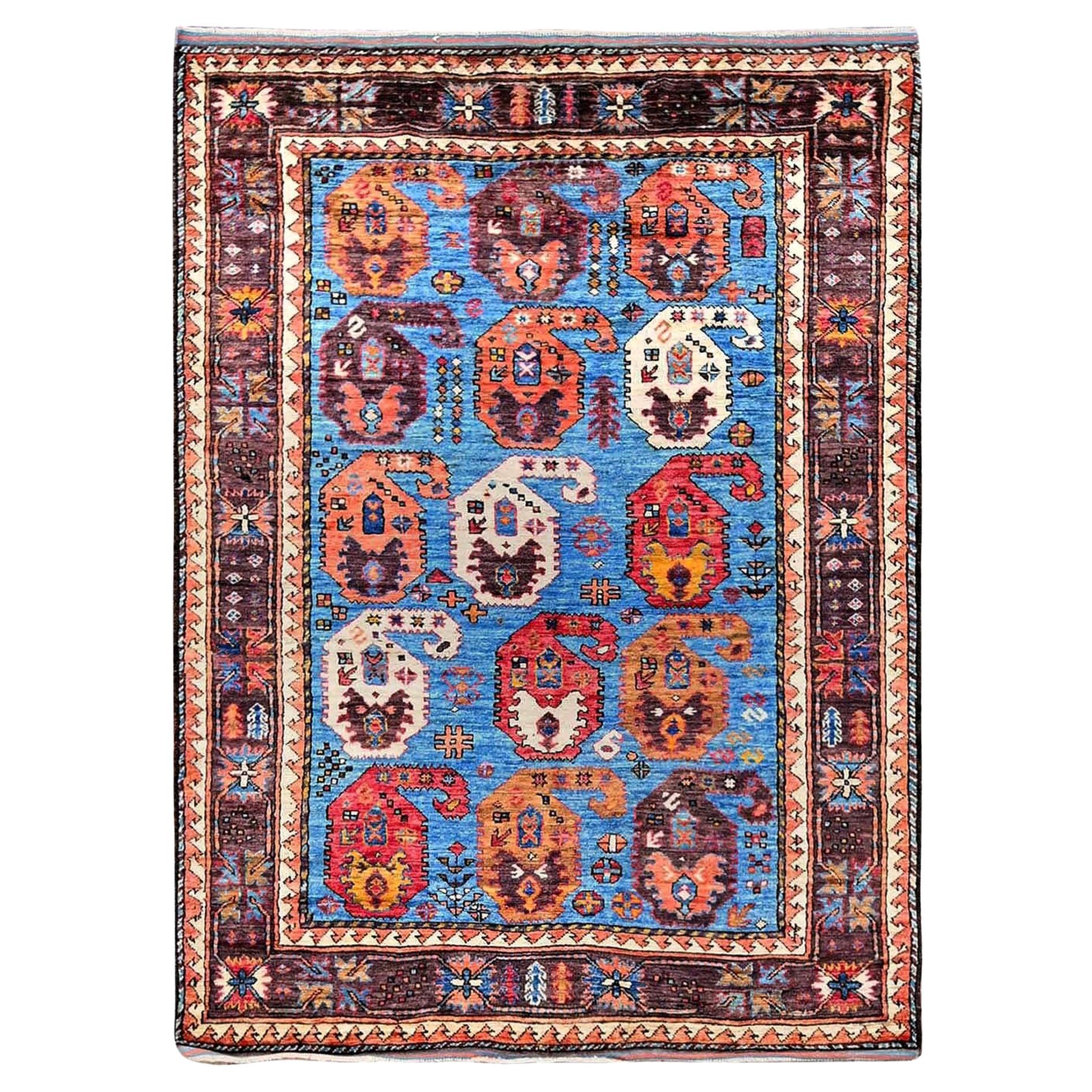 4'5"x5'10" Blue Afghan Ersari Caucasian Design Revival Hand Knotted Wool Rug