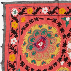 4.5x5.7 Ft Vintage Silk Embroidery Suzani Wall Hanging in Red, Uzbek Throw