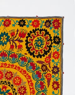 4.5x6 FT Handmade Silk Embroidery Vintage Wall Hanging. Yellow Suzani Bedspread