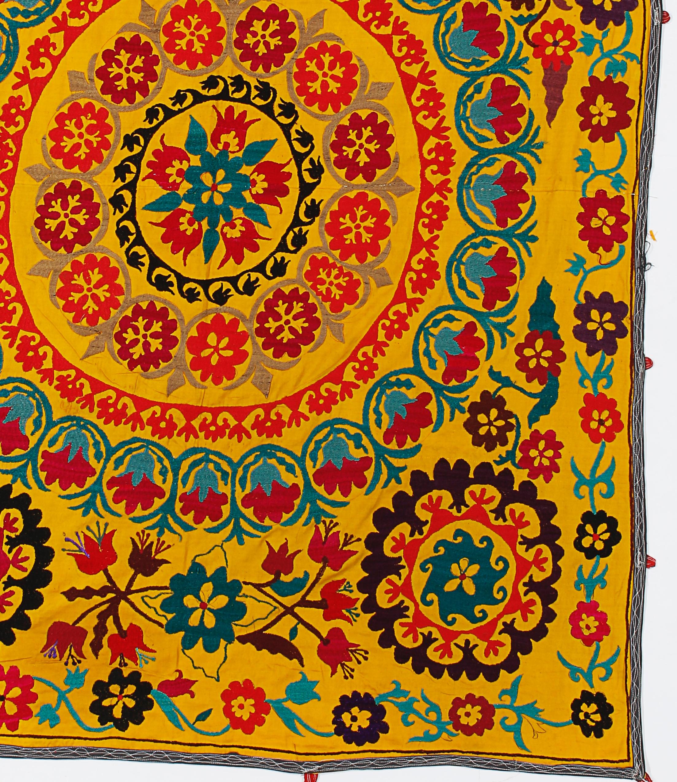 Uzbek Handmade Silk Embroidery Vintage Wall Hanging. Yellow Suzani Bedspread For Sale