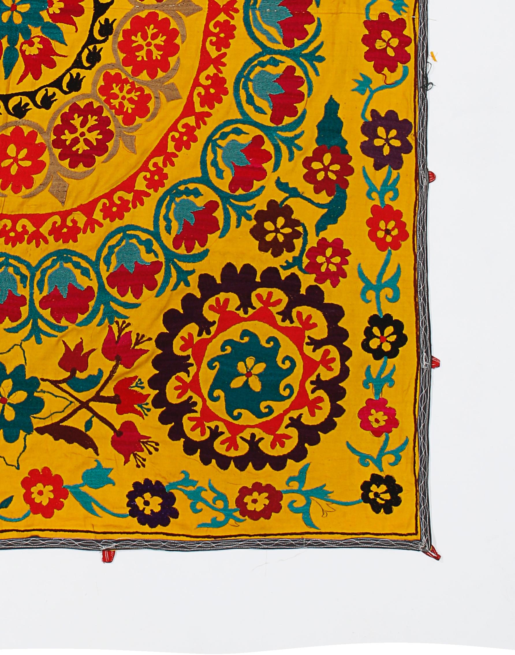 Embroidered 4.5x6 FT Handmade Silk Embroidery Vintage Wall Hanging. Yellow Suzani Bedspread For Sale