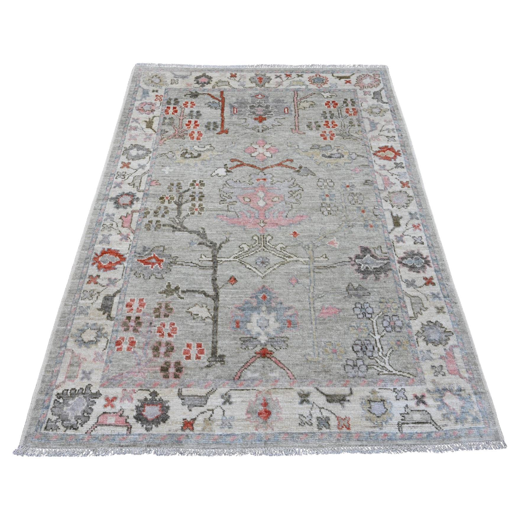 4'5"x6' Gray Afghan Angora Oushak All Over Pattern Hand Knotted Pure Wool Rug