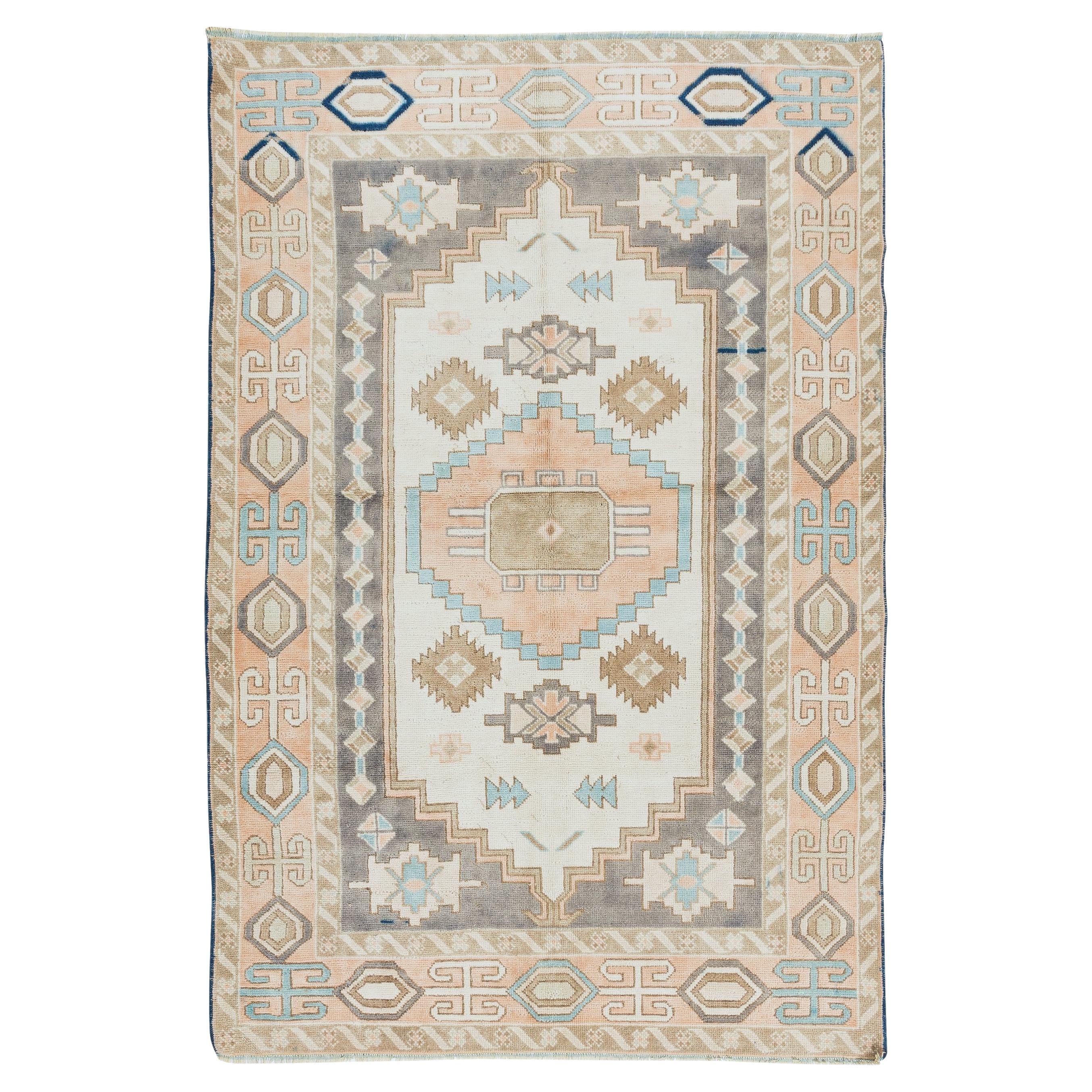 4.5x6.7 Ft Modern Geometric Wool Area Rug, Vintage Hand Knotted Turkish Carpet (tapis turc noué à la main)