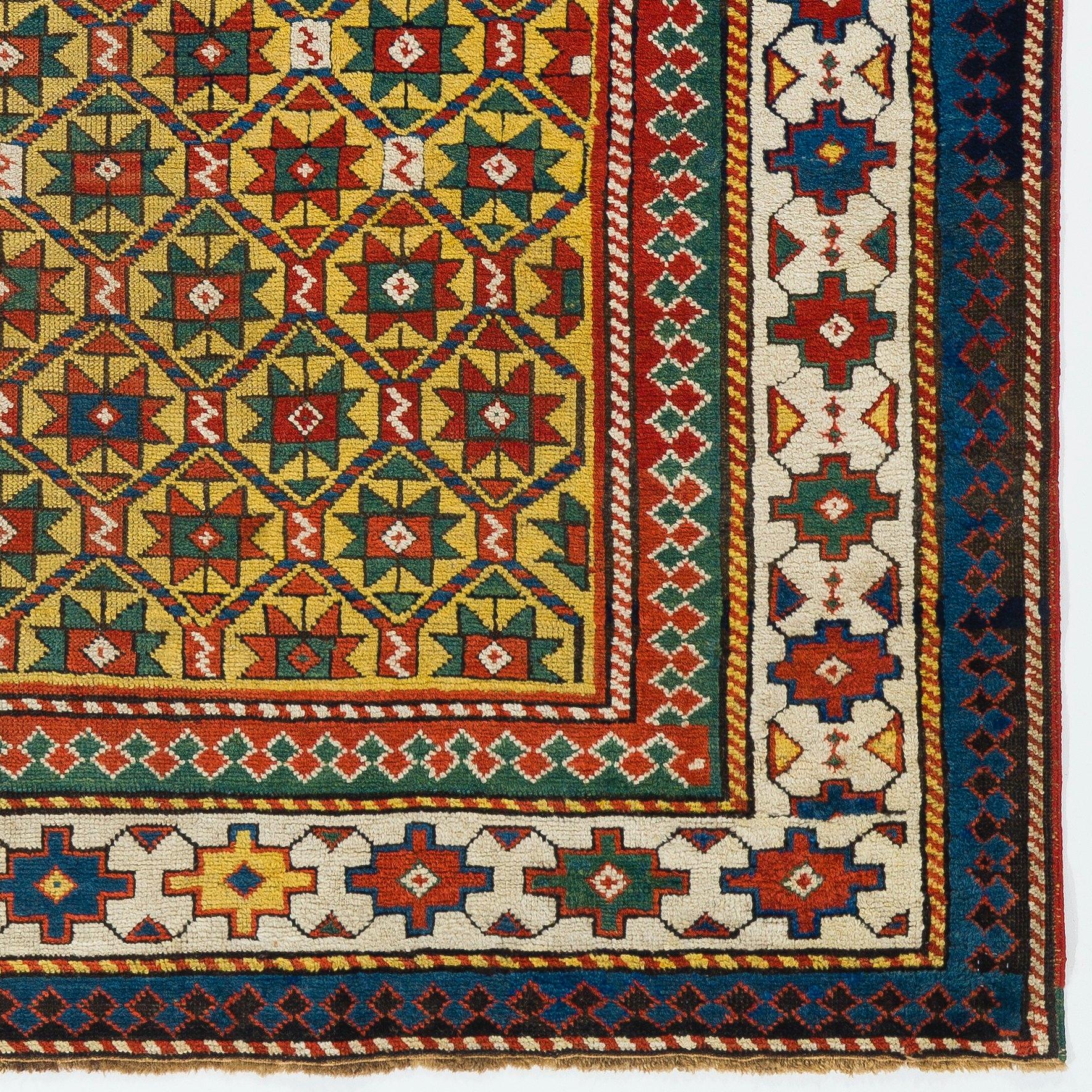 Antique yellow ground Gendje rug, South Caucasus, circa 1880. Finely hand-knotted with even medium wool pile on wool foundation. Very good condition. Sturdy and as clean as a brand new rug (deep washed professionally). Measures: 4.5 x 6.7 Ft