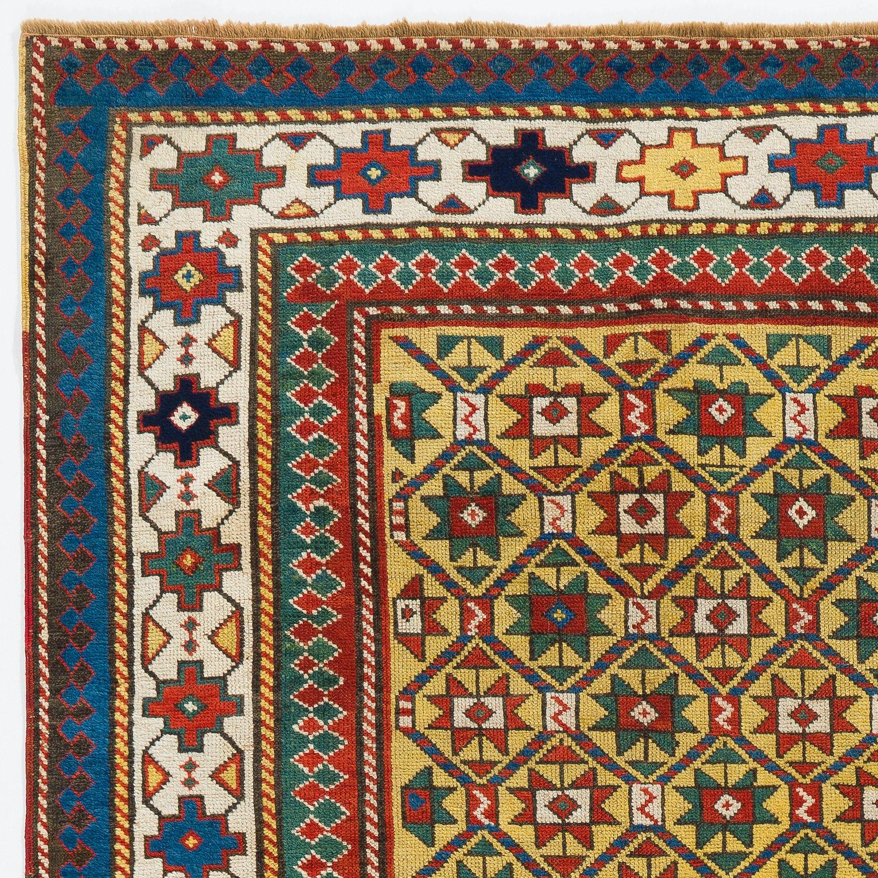 Kazak 4.5x6.7 Ft Antique Handmade Yellow Ground Gendje Rug. South Caucasus. circa 1880