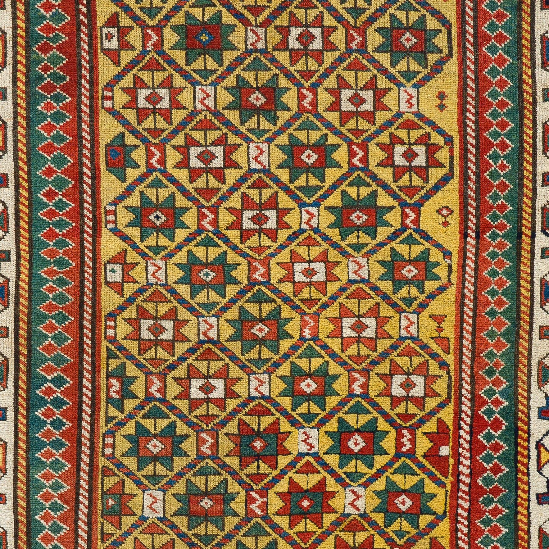 Caucasian 4.5x6.7 Ft Antique Handmade Yellow Ground Gendje Rug. South Caucasus. circa 1880