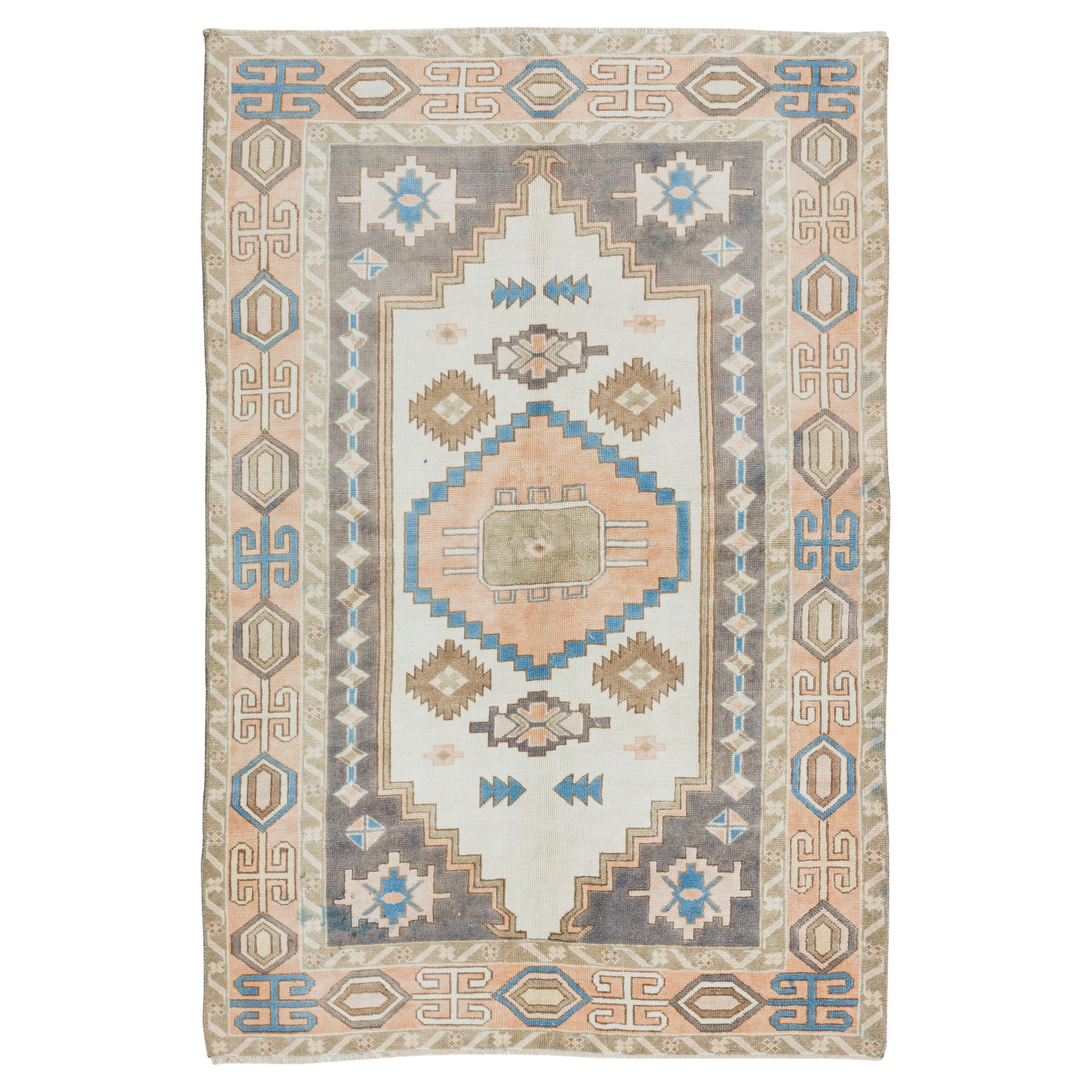 4.5x6.8 Ft 1960's Geometric Wool Area Rug, Vintage Hand Knotted Turkish Carpet