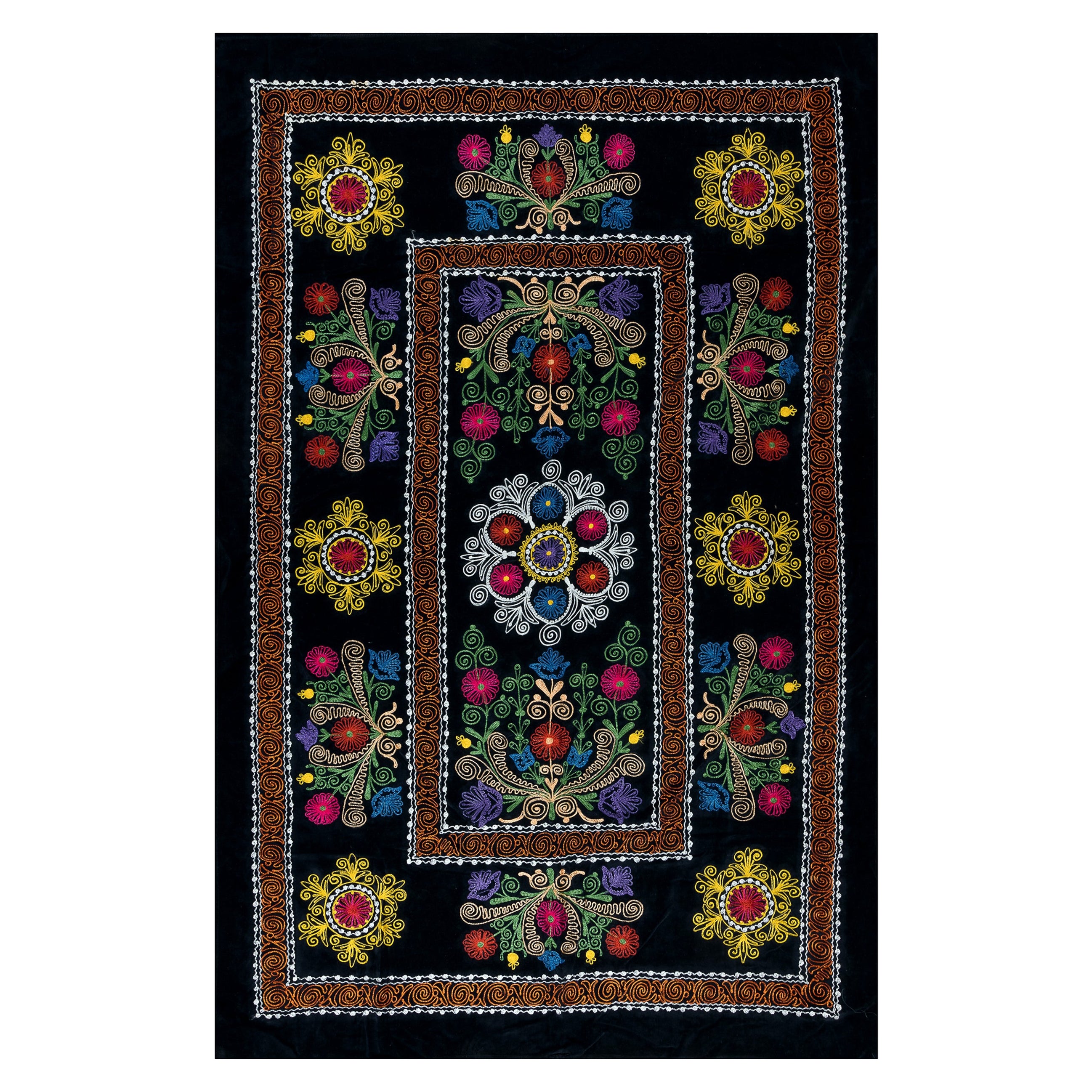 4,5x6,8 Ft Vintage bestickte Vintage-Bettbezug aus Seide, schwarz, handgefertigt, Wandbehang