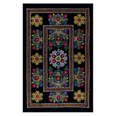 4.5x6.8 Ft Vintage Silk Embroidered Bed Cover, Black Handmade Wall Hanging