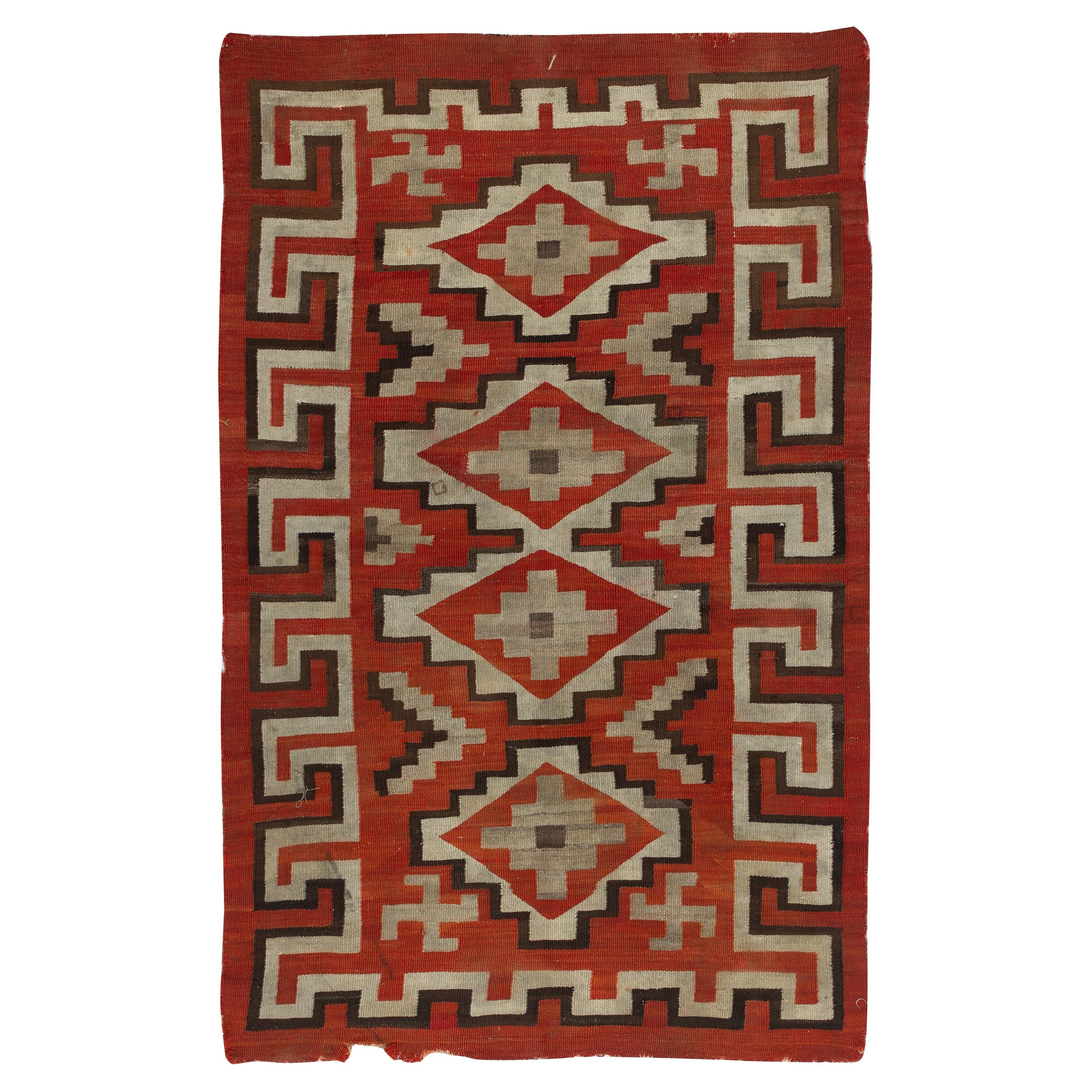 Tappeto antico Navajo Ganado 4.5x7 Ft, disegno geometrico rosso e avorio, 1925-1945 ca.