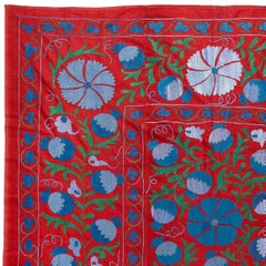 4.5x7 Ft Magnificent Silk Embroidery Suzani Wall Hanging in Red, Blue and Green