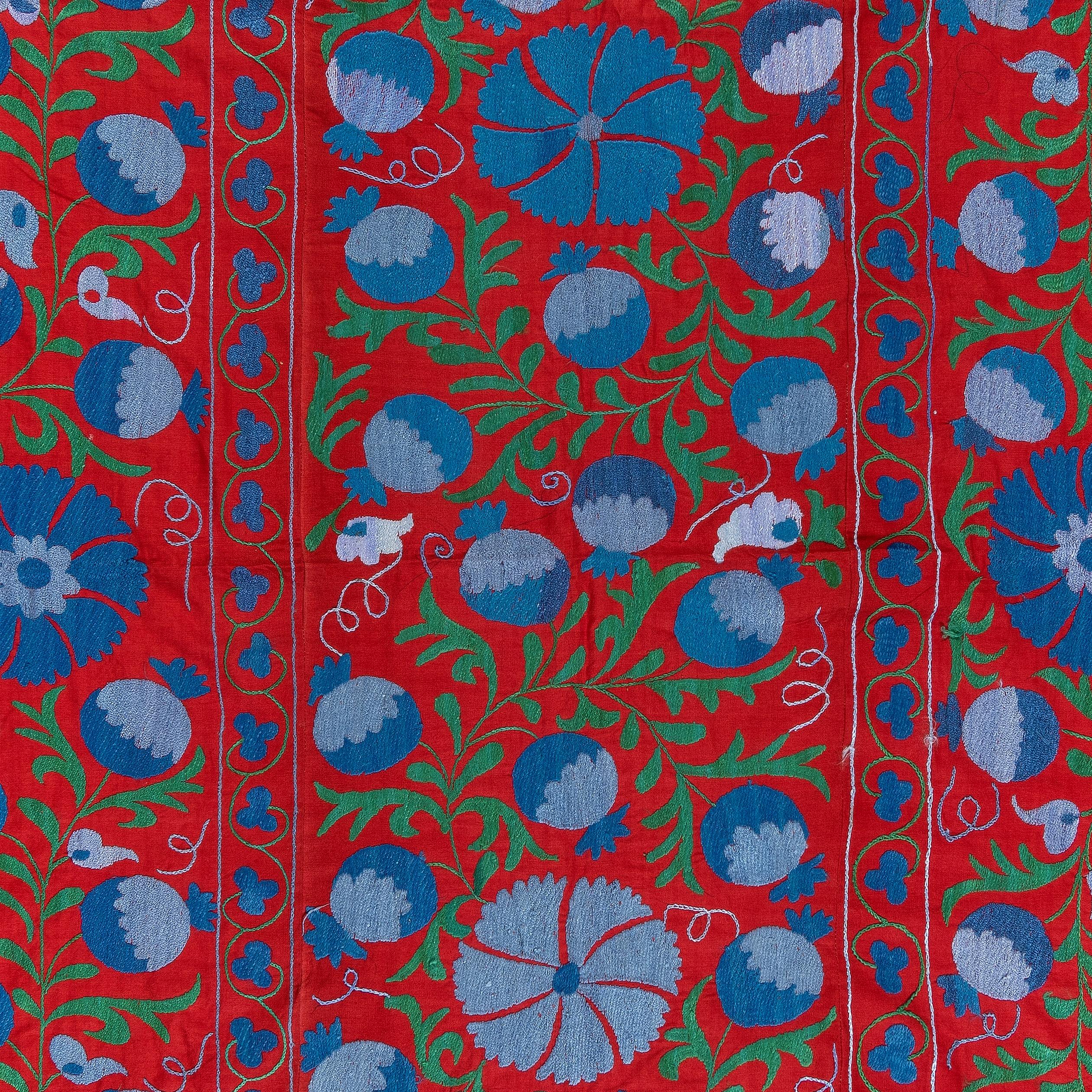 Uzbek 4.5x7 Ft Magnificent Silk Embroidery Suzani Wall Hanging in Red, Blue and Green For Sale