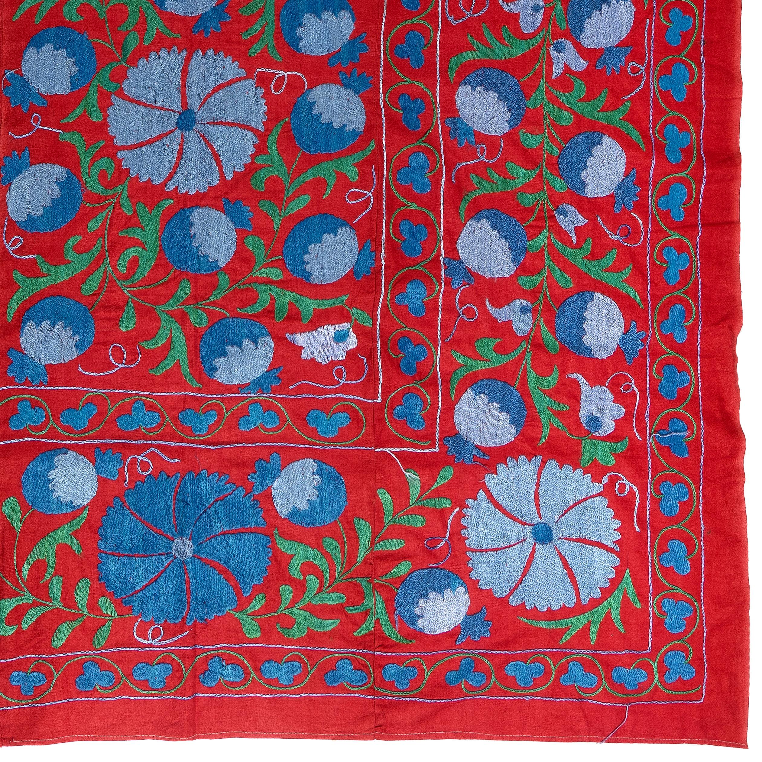 Embroidered 4.5x7 Ft Magnificent Silk Embroidery Suzani Wall Hanging in Red, Blue and Green For Sale