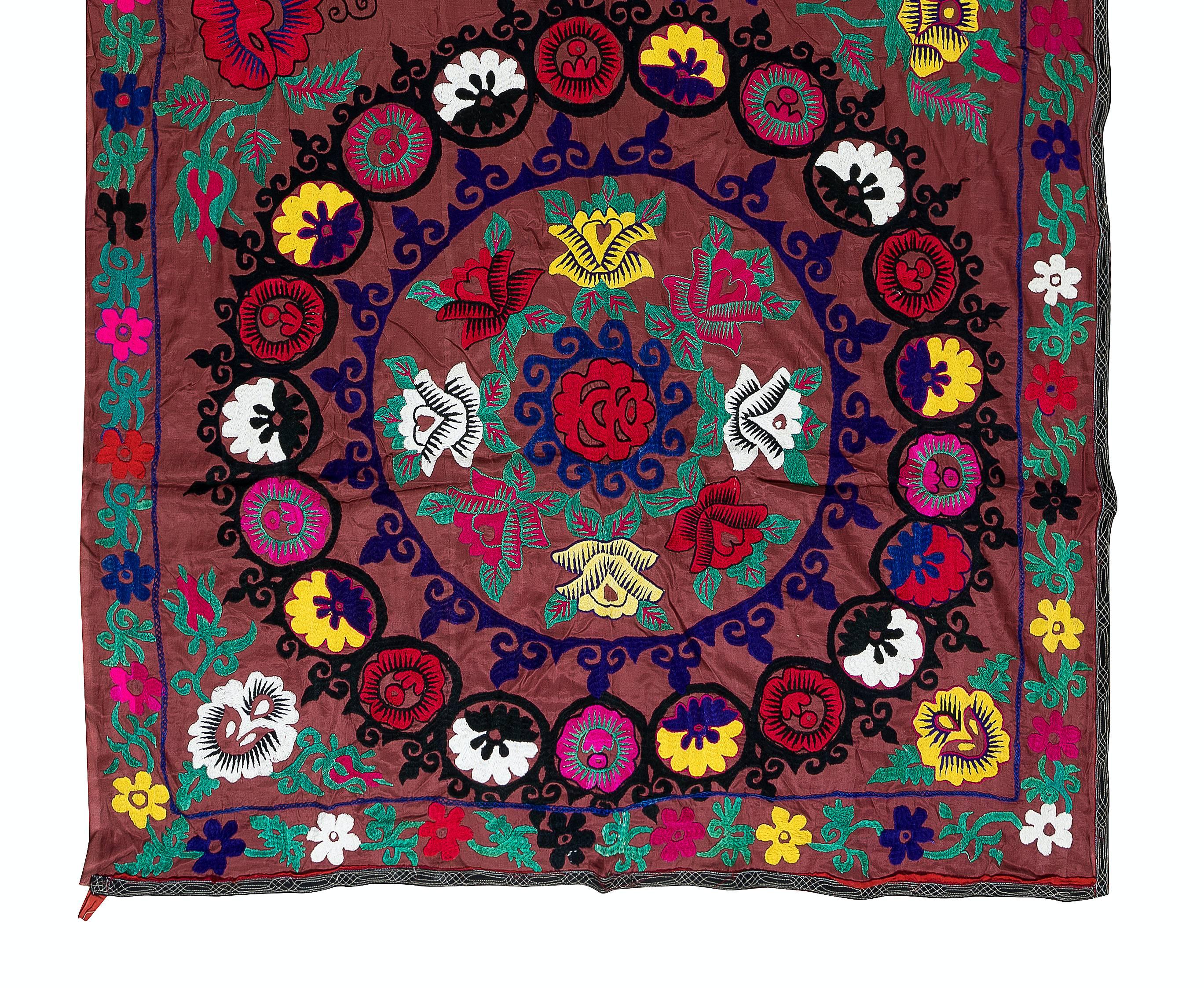 Embroidered Decorative Silk Embroidery Bed Cover, Uzbek 1970s Suzani Wall Hanging For Sale