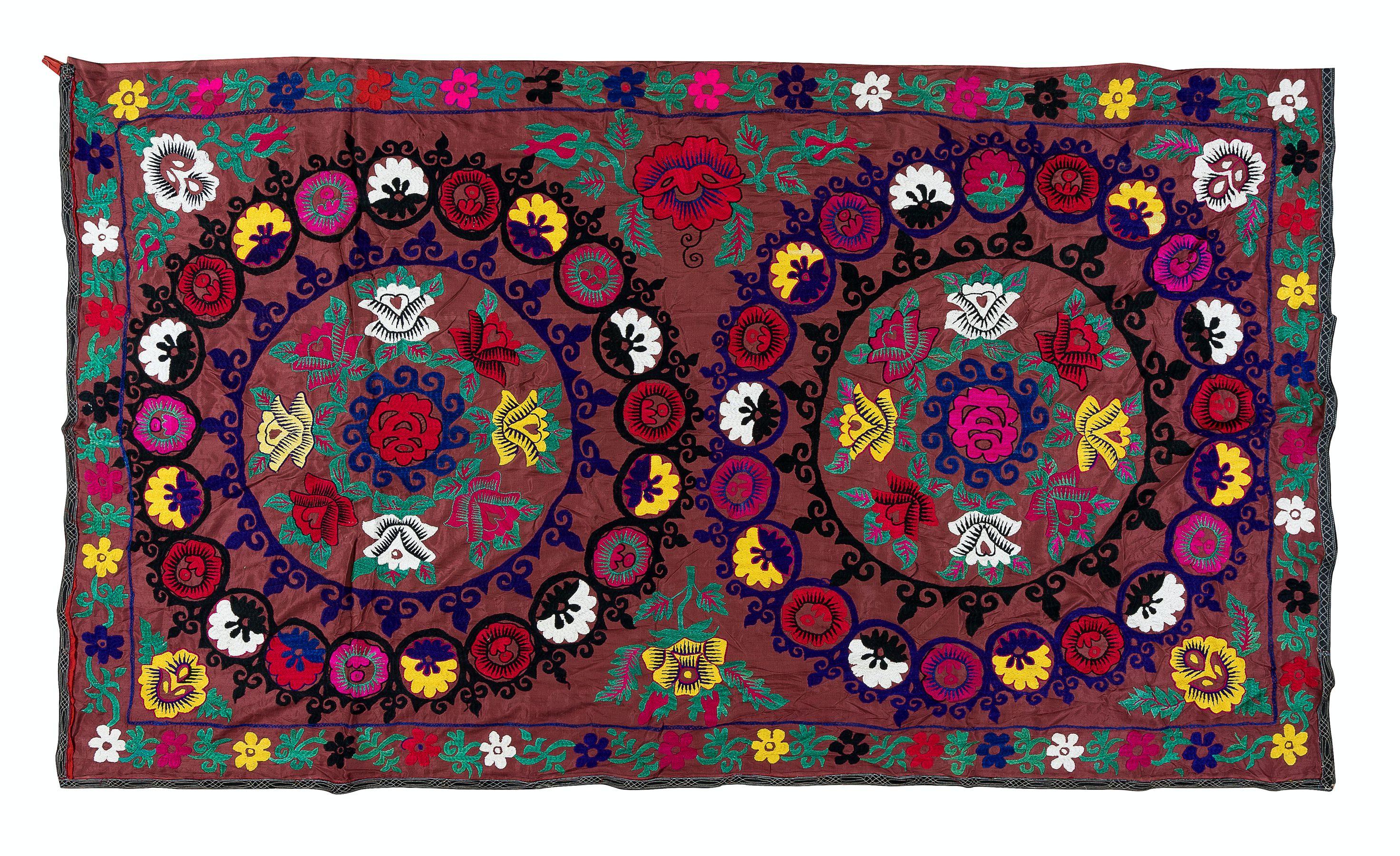 20th Century Decorative Silk Embroidery Bed Cover, Uzbek 1970s Suzani Wall Hanging For Sale