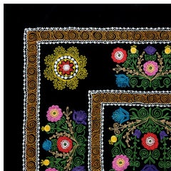 4.5x7.4 Ft Silk Embroidery Bed Cover, Black Wall Hanging, Vintage Uzbek Tapestry