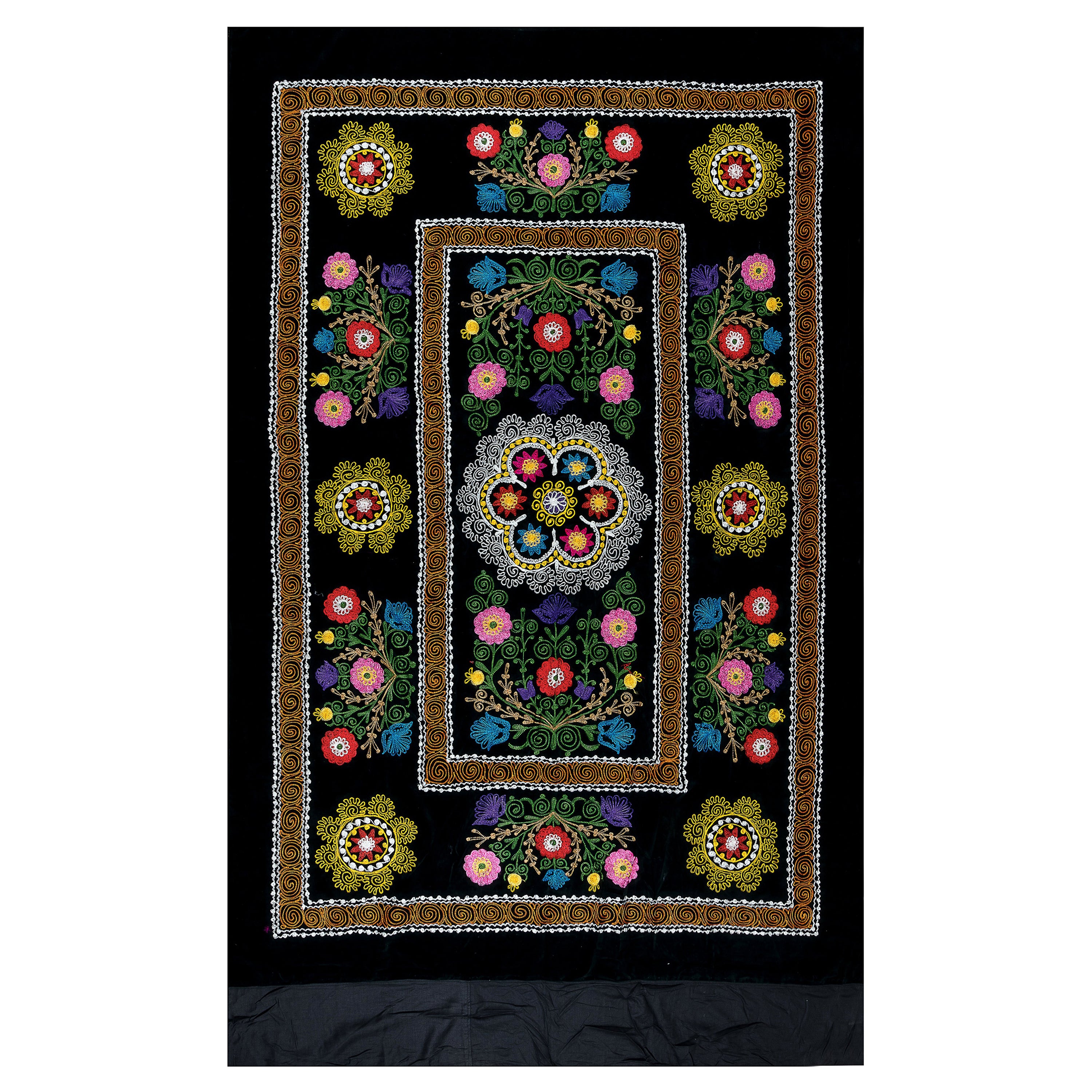 4,5x7,4 Ft Bettbezug aus Seide mit Stickerei, schwarzer Wandbehang, Vintage-Wandteppich aus Usbekistan