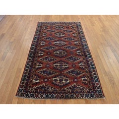 4'5"x7'6" Blush Red Antique Tekke Tourkaman Bokara Pure Wool Hand Knotted Rug