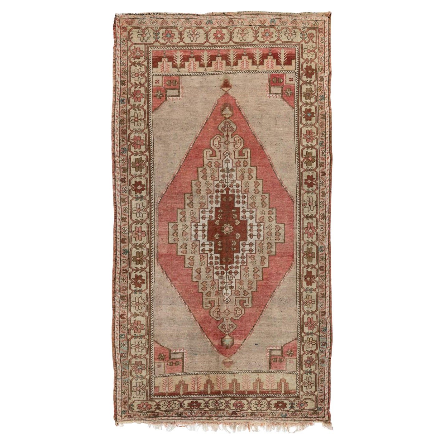 4,5x8,6 Fuß handgefertigter türkischer Dorfteppich aus den 1950er Jahren mit geometrischem Medaillon, ganz aus Wolle