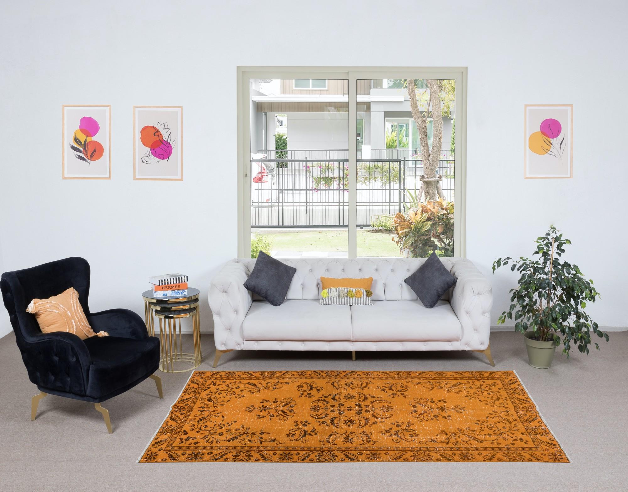 Hand-Knotted 4.5x8.7 Ft Orange Area Rug From Turkey, Hand Knotted Contemporary Carpet For Sale