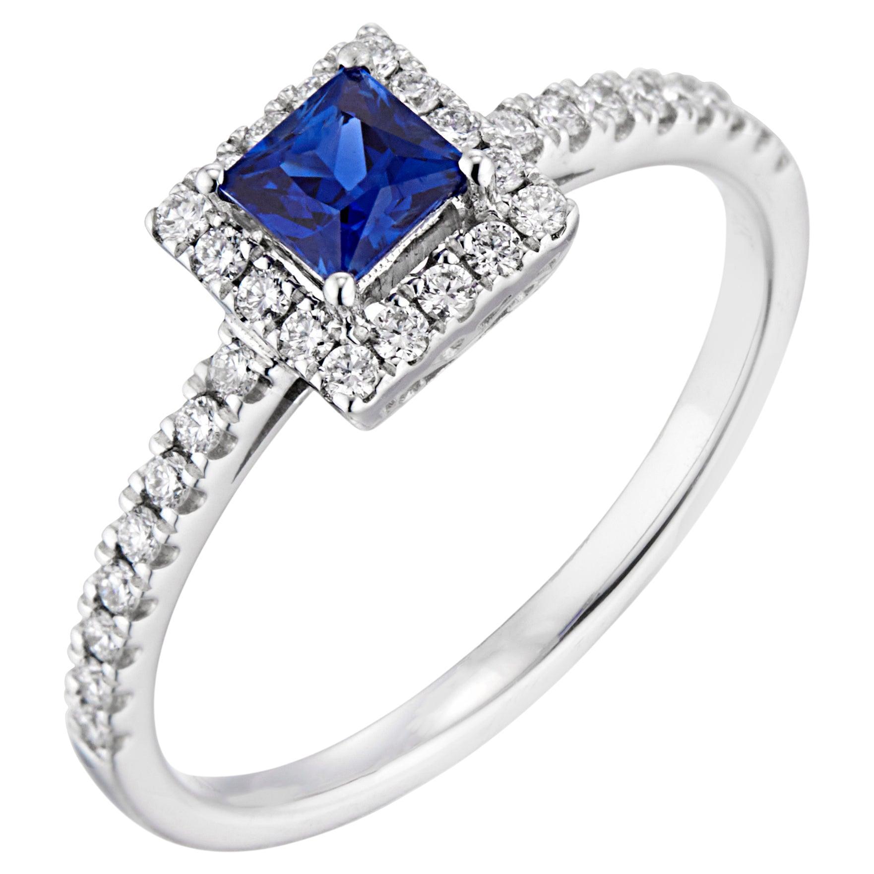 .46 Blue Square Sapphire Diamond Halo White Gold Engagement Ring For Sale