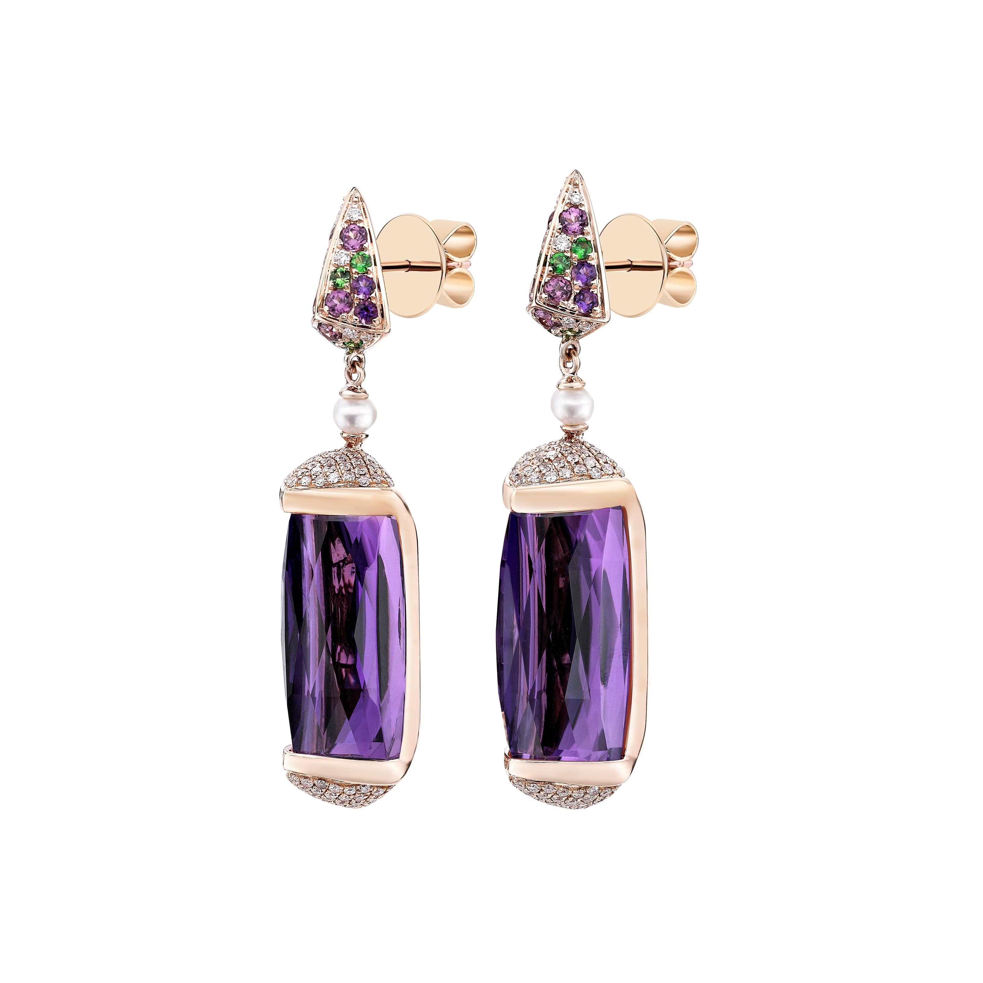 46 Carat Amethyst and Diamond Ring and Earring Set in 18 Karat Rose Gold For Sale 3