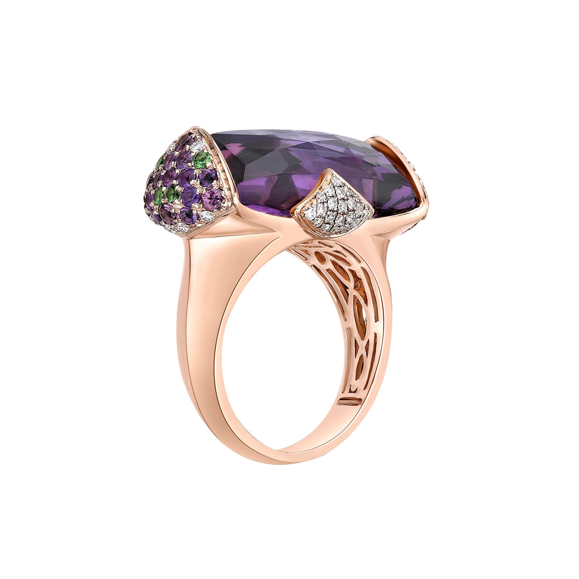 Briolette Cut 46 Carat Amethyst and Diamond Ring and Earring Set in 18 Karat Rose Gold For Sale