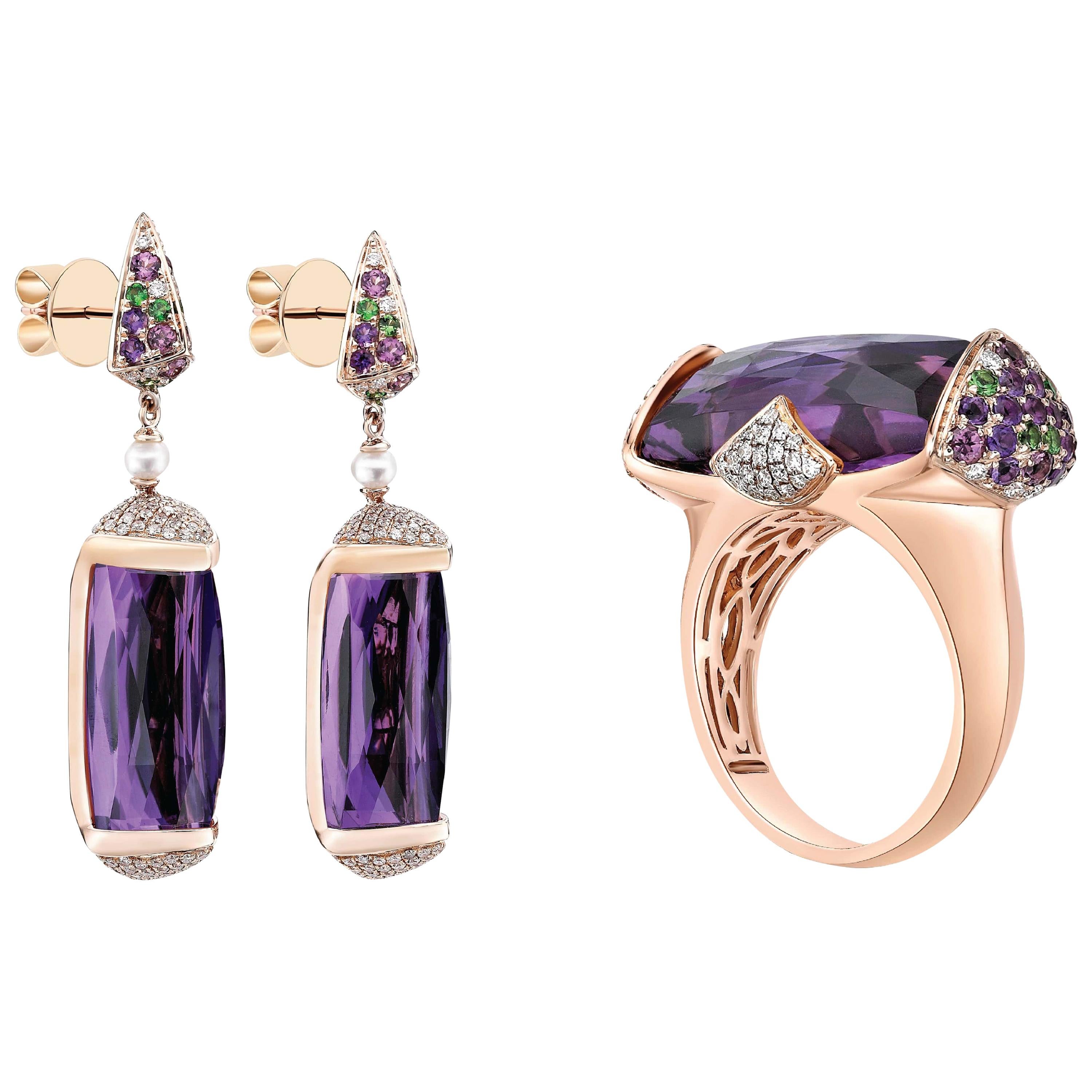 46 Carat Amethyst and Diamond Ring and Earring Set in 18 Karat Rose Gold For Sale